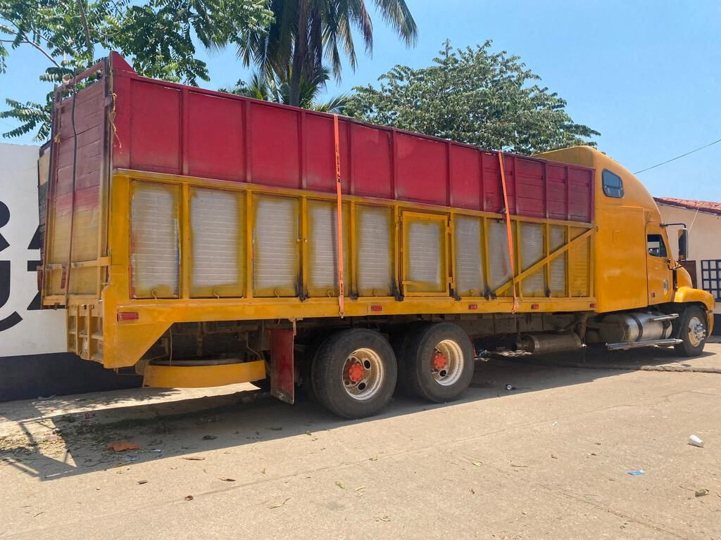 The truck that was carrying 129 migrants from Guatemala, Honduras, El Salvador and India who where rescued by Mexico's National Institute of Migration (INM), according to a statement by the INM, is seen in this photo released on June 16, 2023 and distributed by INM. Instituto Nacional de Migracion/Handout via REUTERS