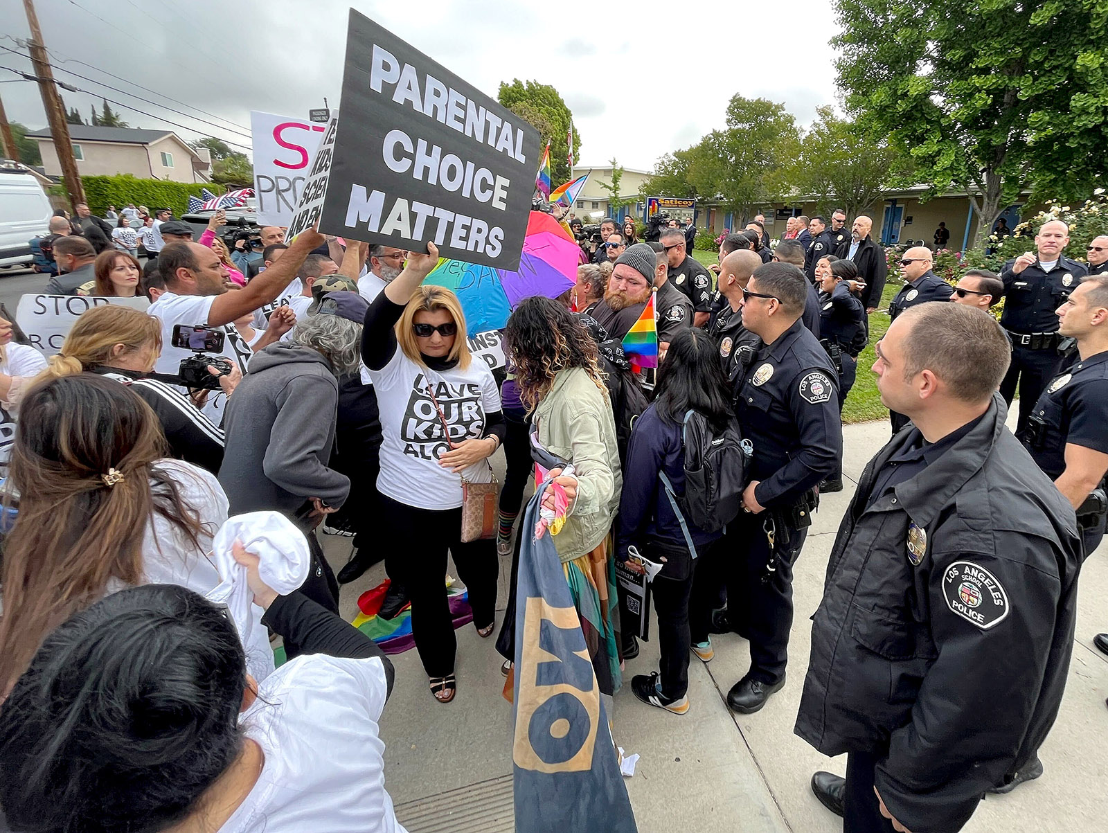 LAPD and school police were on hand outside Saticoy Elementary School in North Hollywood Friday as some parents protested a Pride Month recognition at the campus. (Myung J. Chun/Los Angeles Times/TNS)