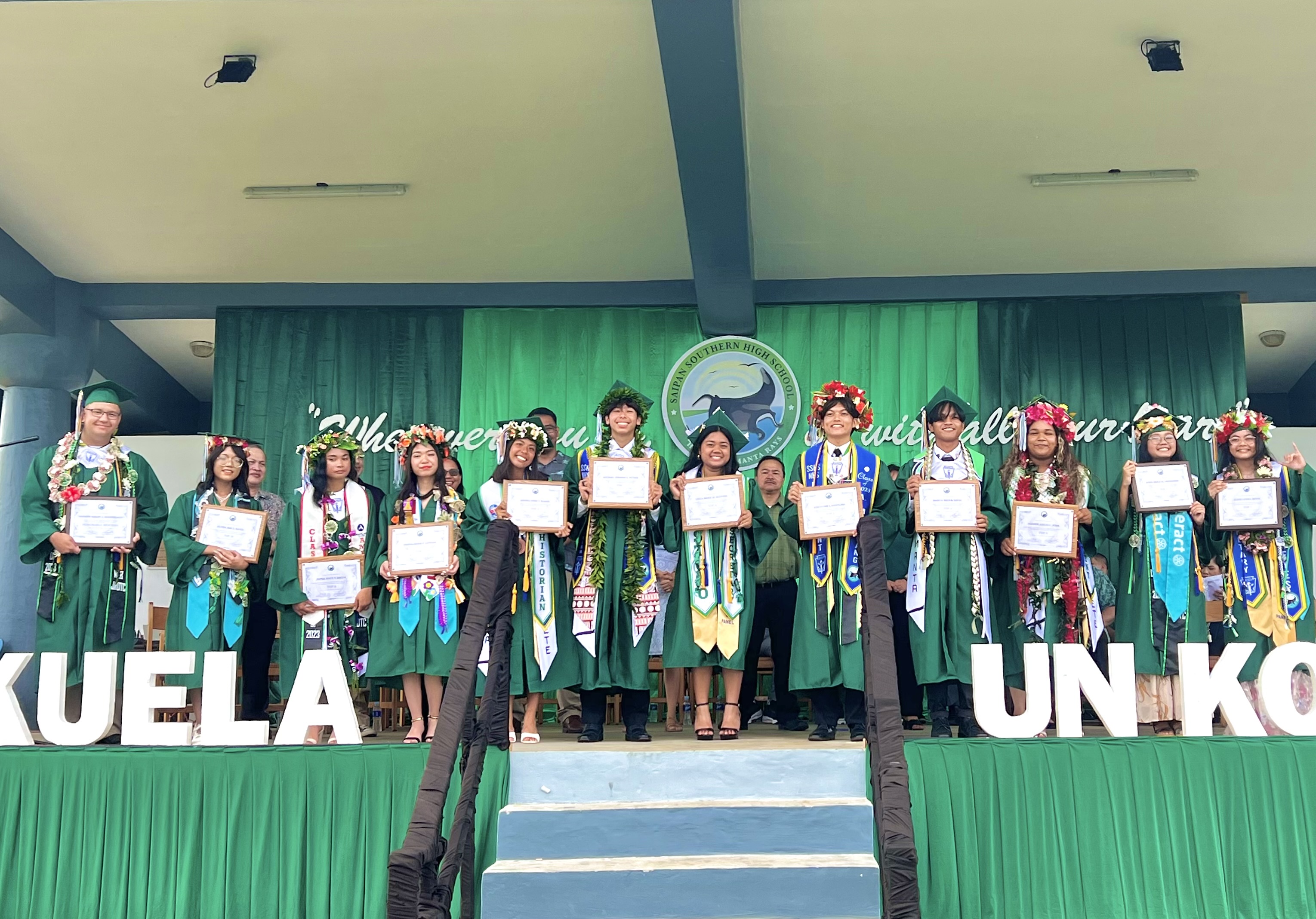 The top 10 graduates of Saipan Southern High School’s Class of 2023: (1) Jessie Lynn I. Reyes, (2) Aisha Erica M. Lansangan, 3) Jasmine Jaylyn C. John, (4) Marion John R. Sayas, (5) Adrian Jay A. Manalang, (6) Leeza Marie M. Ngitiyeb, (7) Michael Jermain Junya S. Peters, (8) Andrea Rose T.  Ramos, (9) Dianna Marie P. Catigan and Alpha Joyce F. Sagun, (10) Alyssa Rae D. David, and honorable mention Andrew Bailey A. Sunderland.