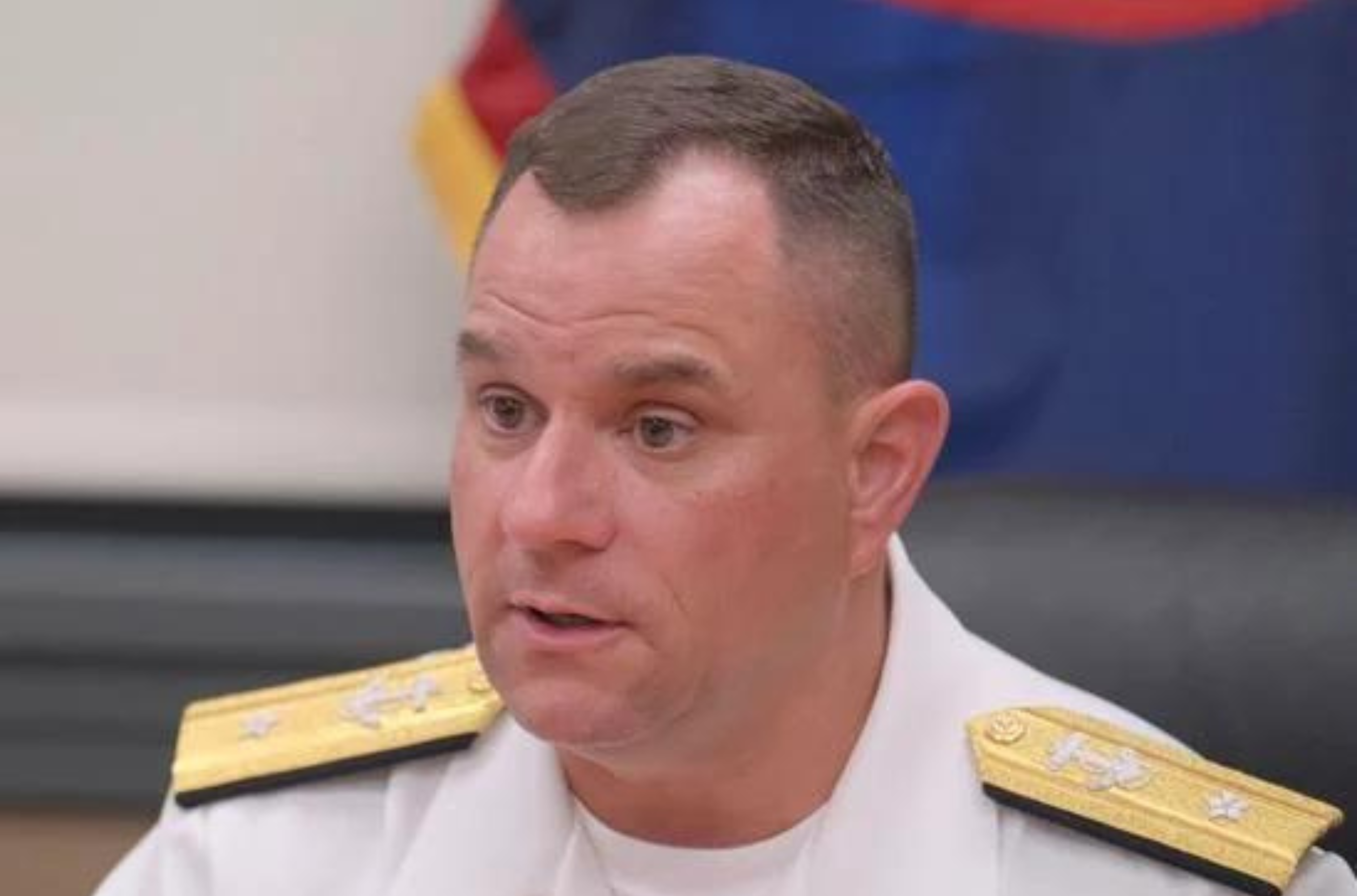 Rear Adm. Benjamin Nicholson, Joint Region Marianas commander, answers questions during a meet-and-greet for incoming commander, Rear Adm. Gregory Huffman, at the JRM headquarters in Asan on June 14, 2023.