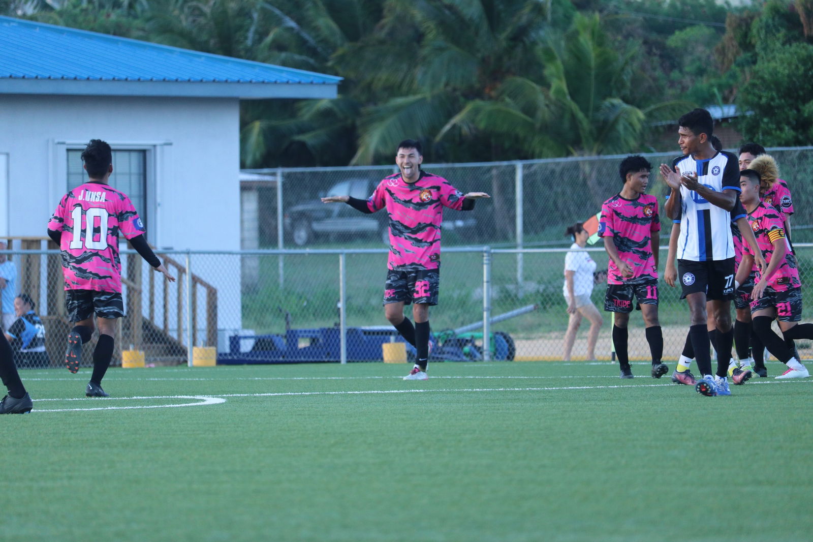 Eleven Tiger FC's Sunjoon Tenorio celebrates after making a goal against MP United FC in the championship match of the Marianas Soccer League 1 on Sunday, June 11, 2023, at the NMI Soccer Training Center in Koblerville.