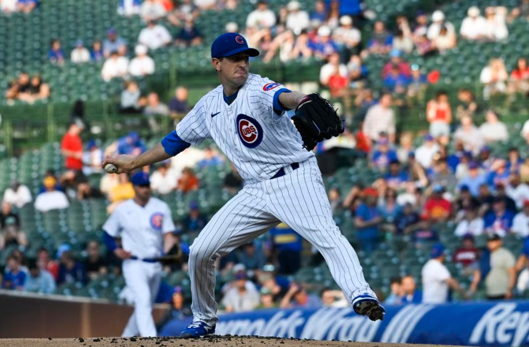 Chicago Cubs starting pitcher Kyle Hendricks (28) delivers against the Tampa Bay Rays during the first inning at Wrigley Field in Chicago, Illinois,  May 30, 2023.