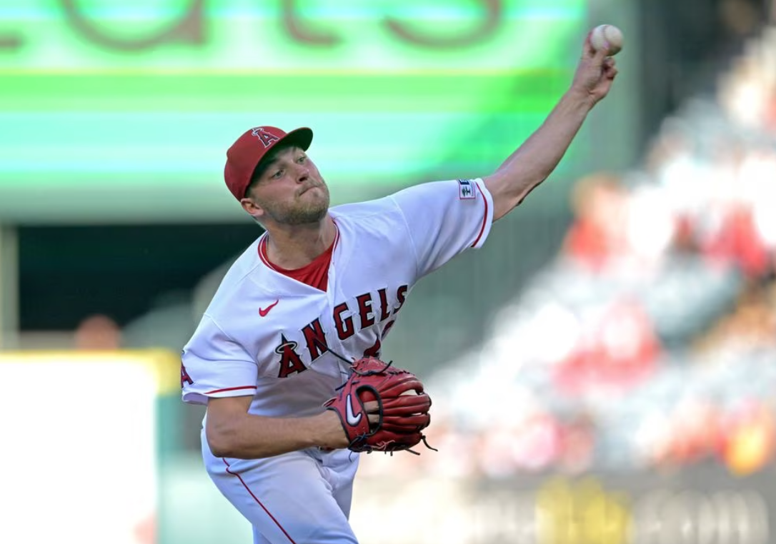 Los Angeles Angels starting pitcher Reid Detmers (48) pitches in the first inning against the Chicago White Sox at Angel Stadium in Anaheim, California, June 26, 2023.