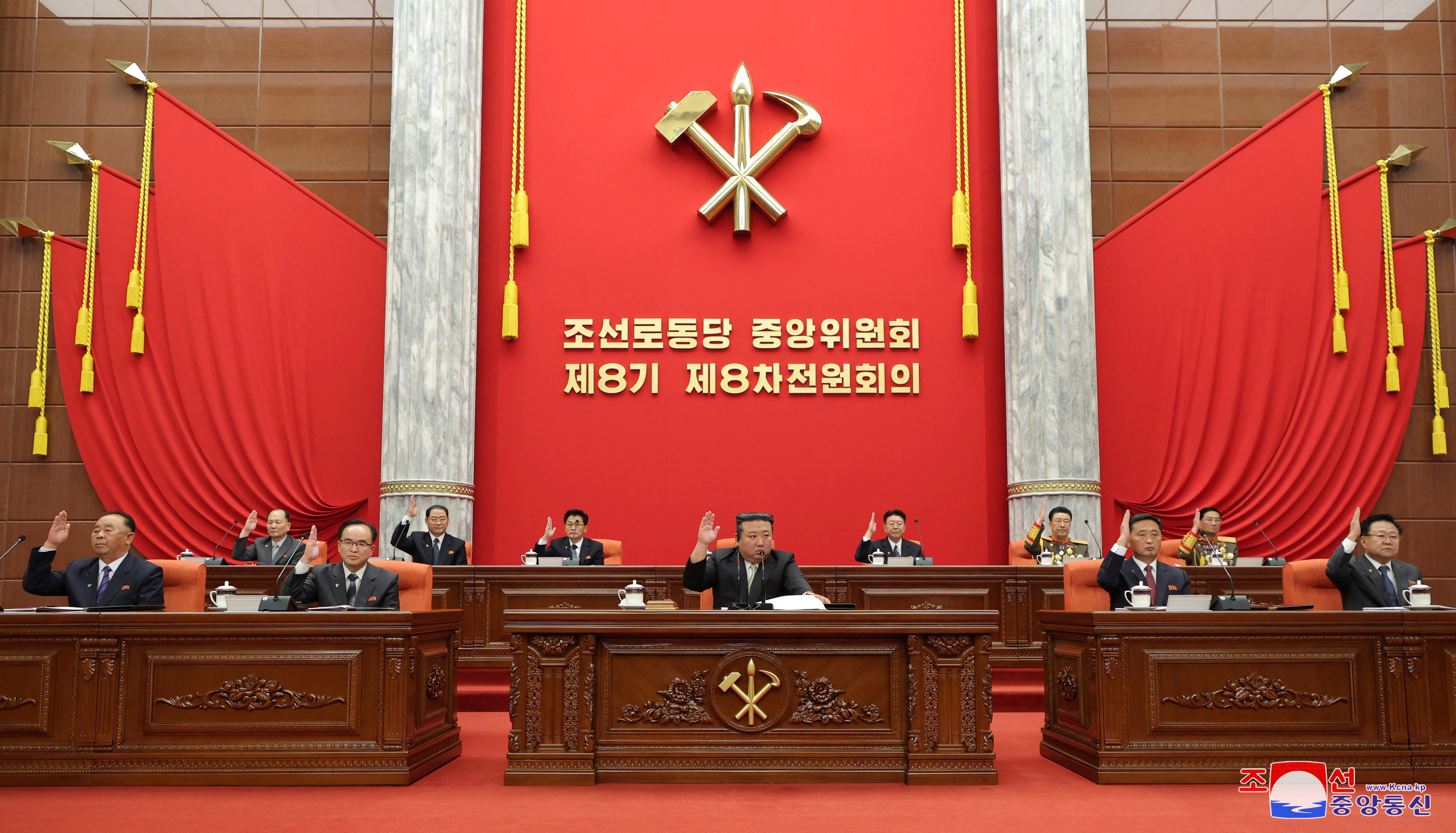 North Korean leader Kim Jong Un attends the 8th enlarged Plenary Meeting of the 8th Central Committee of the Workers' Party of Korea, in Pyongyang, North Korea, in this undated photo released by North Korea's Korean Central News Agency (KCNA) on June 19, 2023. KCNA via REUTERS