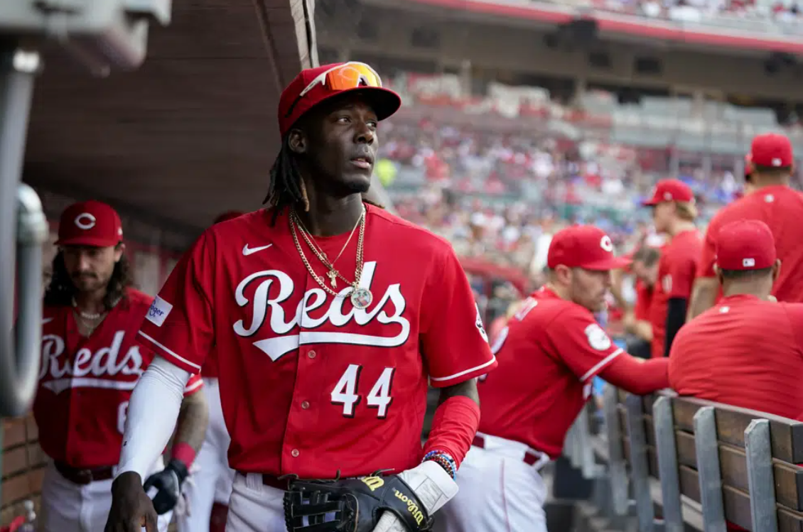 Cincinnati Reds' Elly De La Cruz walks in the dugout during the second inning of the team's baseball game against the Los Angeles Dodgers in Cincinnati, Wednesday, June 7, 2023.