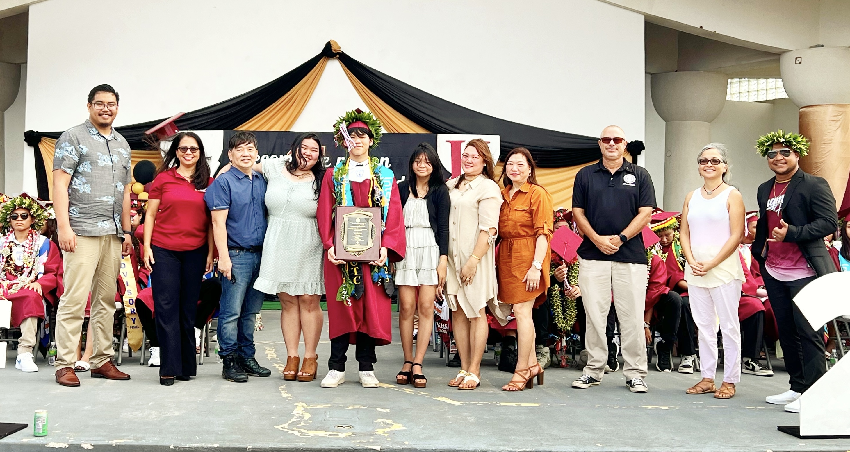 Class Valedictorian Richard Carl Dela Cruz Lacson and his family with Board of Education Chairman Antonio L. Borja, Secretary/Treasurer Gregory Pat Borja, BOE Member Maisie B. Tenorio and Teacher Representative Dr. Dora B. Miura.