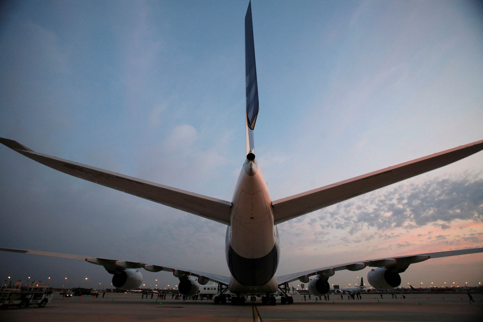 FILE PHOTO: An Airbus A380 aircraft, the world's largest passenger plane, sits on the tarmac at Washington Dulles International Airport in Dulles, Virginia, March 26, 2007. REUTERS/Jim Young/File Photo