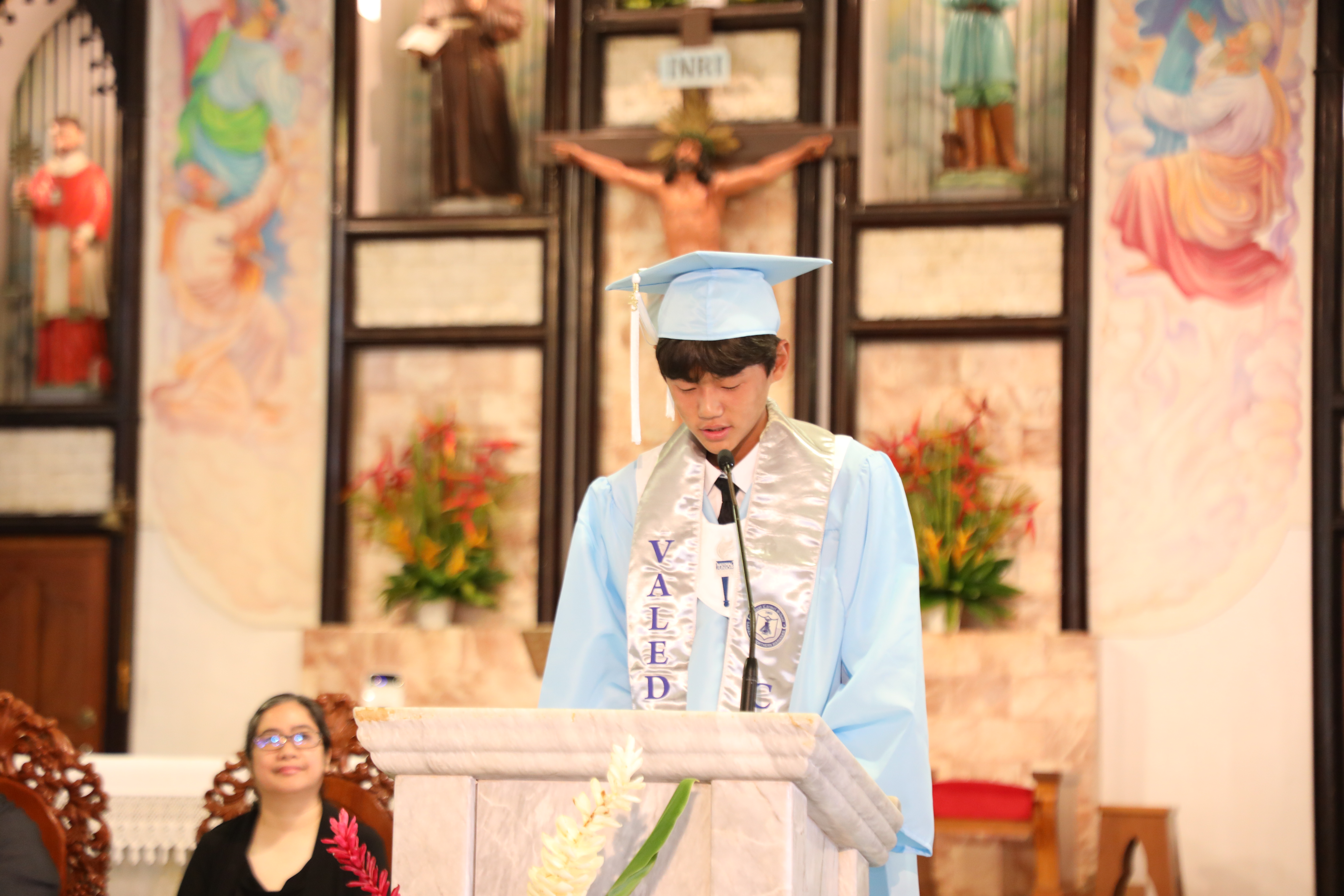 Mount Carmel School’s 8th-Grade Class Valedictorian Seung Woo Choi gave his valedictory address during the school’s 2023 promotion ceremony on June 3, 2023.