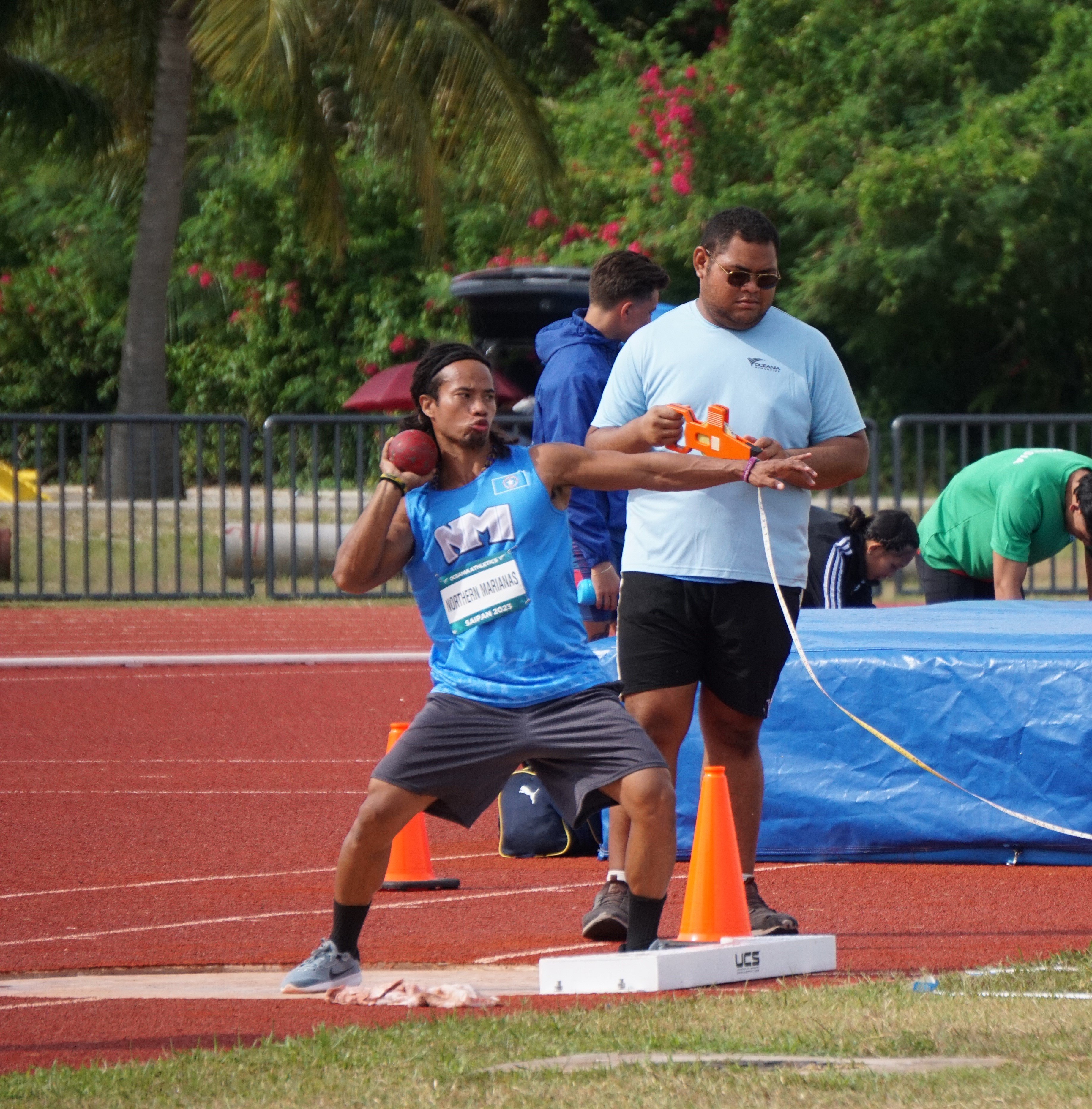 The NMI's Orrin Pharmin launches the shotput during the 2023 Oceania Masters Championships on Saturday at the Oleai Sports Complex Oval track and field.