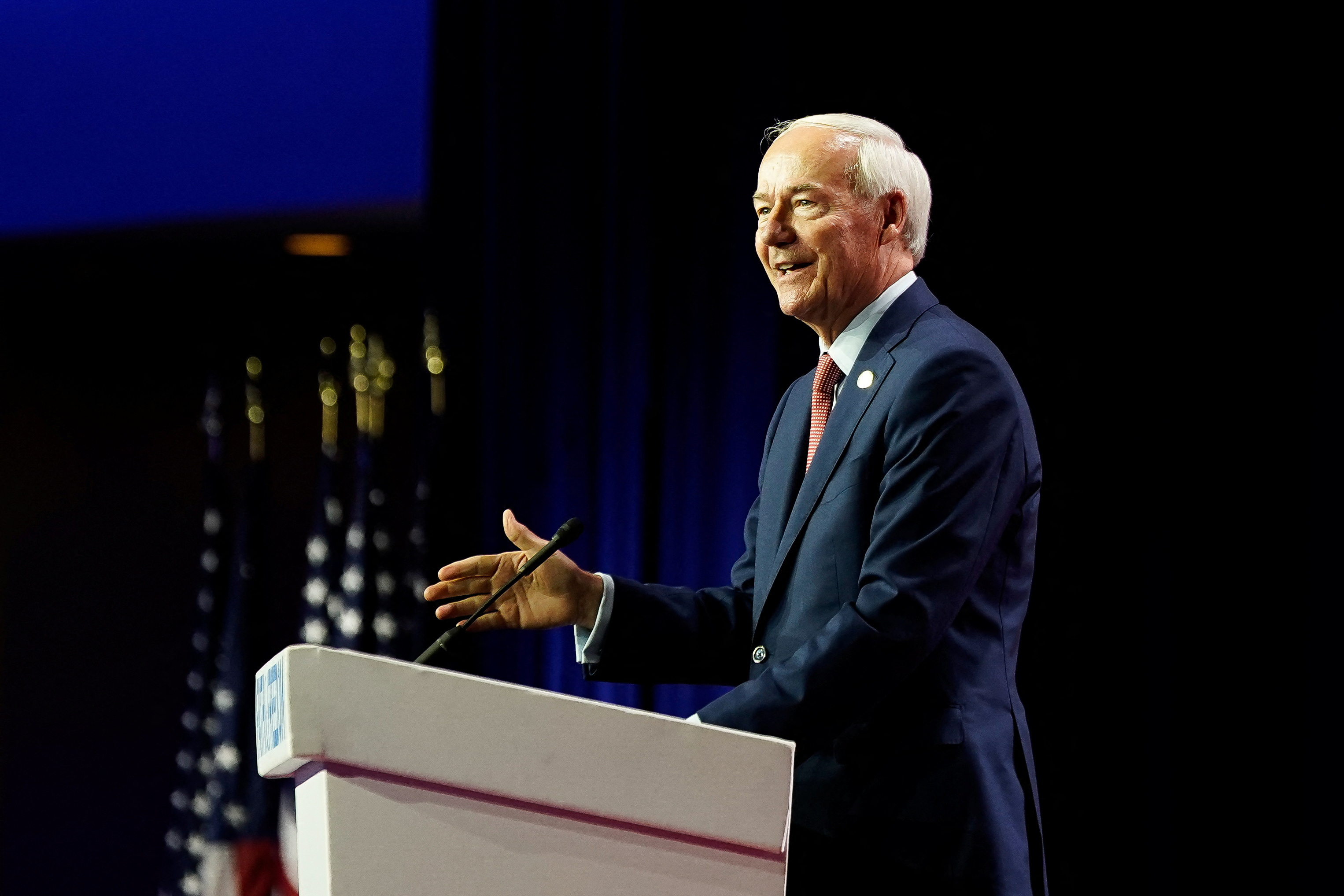 Republican U.S. presidential candidate former Arkansas Gov. Asa Hutchinson addresses The Faith and Freedom Coalition's 2023 "Road to Majority" conference in Washington, U.S., June 23, 2023. REUTERS/Elizabeth Frantz
