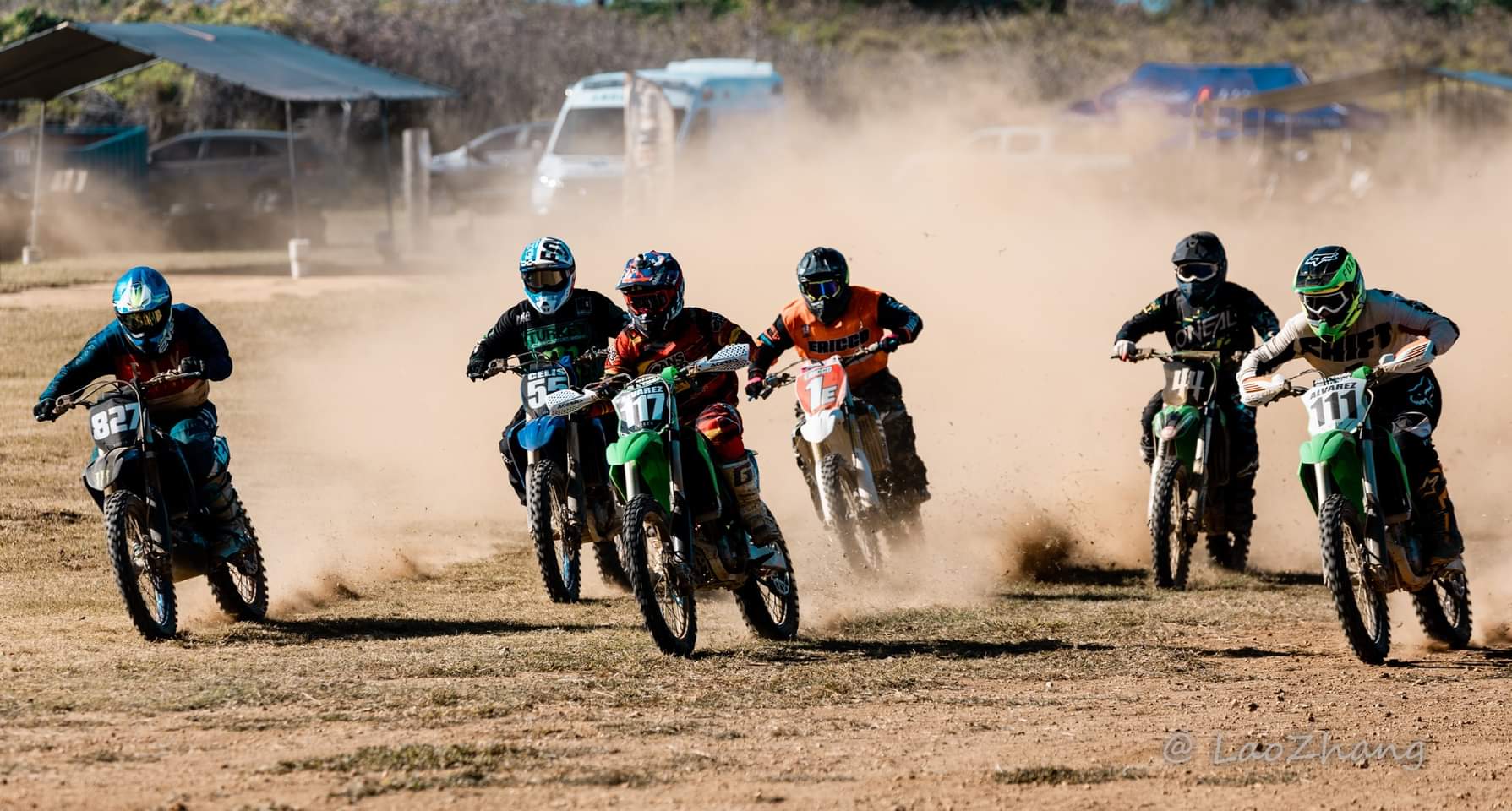 Riders battle for the lead in an Expert Class race of the 2023 Monster Energy Marianas Racing Association Points Race series at  Cowtown Raceway Park.