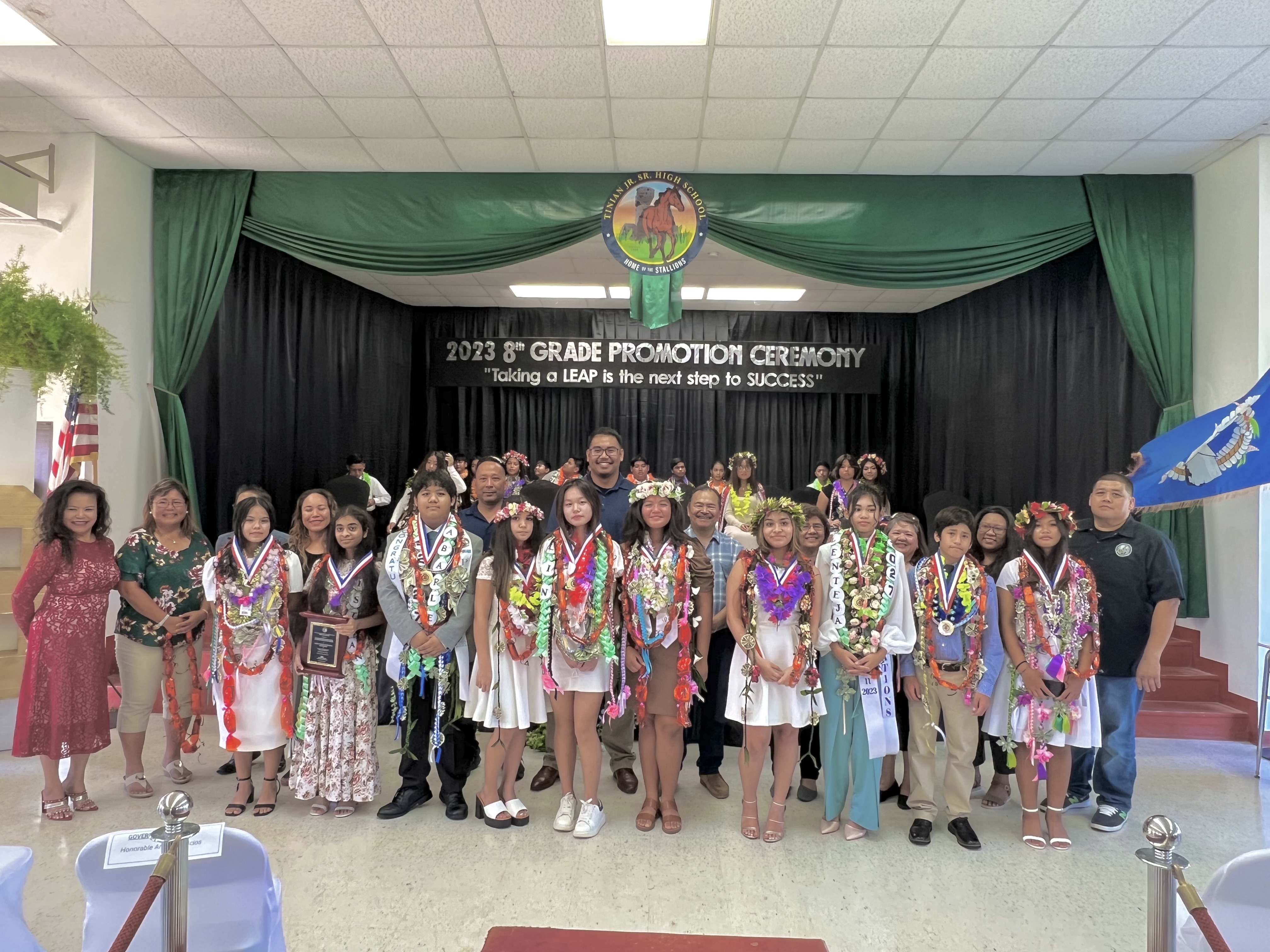 Tinian Junior High School’s top 10 promoted students: (1) Alicia Wen L. Teope, (2) Mercy Anne Christian, (3) Juris Gian G. Cabarles, (4) Dakota Dailene M. Sandbergen, (5) Xing Yi-Iris Lin, (6) Jireh Anna C. Cruz, (7) Alexia Josepha S. Pangelinan, (8) Ysabella Jzel F. Lenteja, (9) Prescot Evan B. Manglona, and (10) Janna Mikaela B. Mapeso.