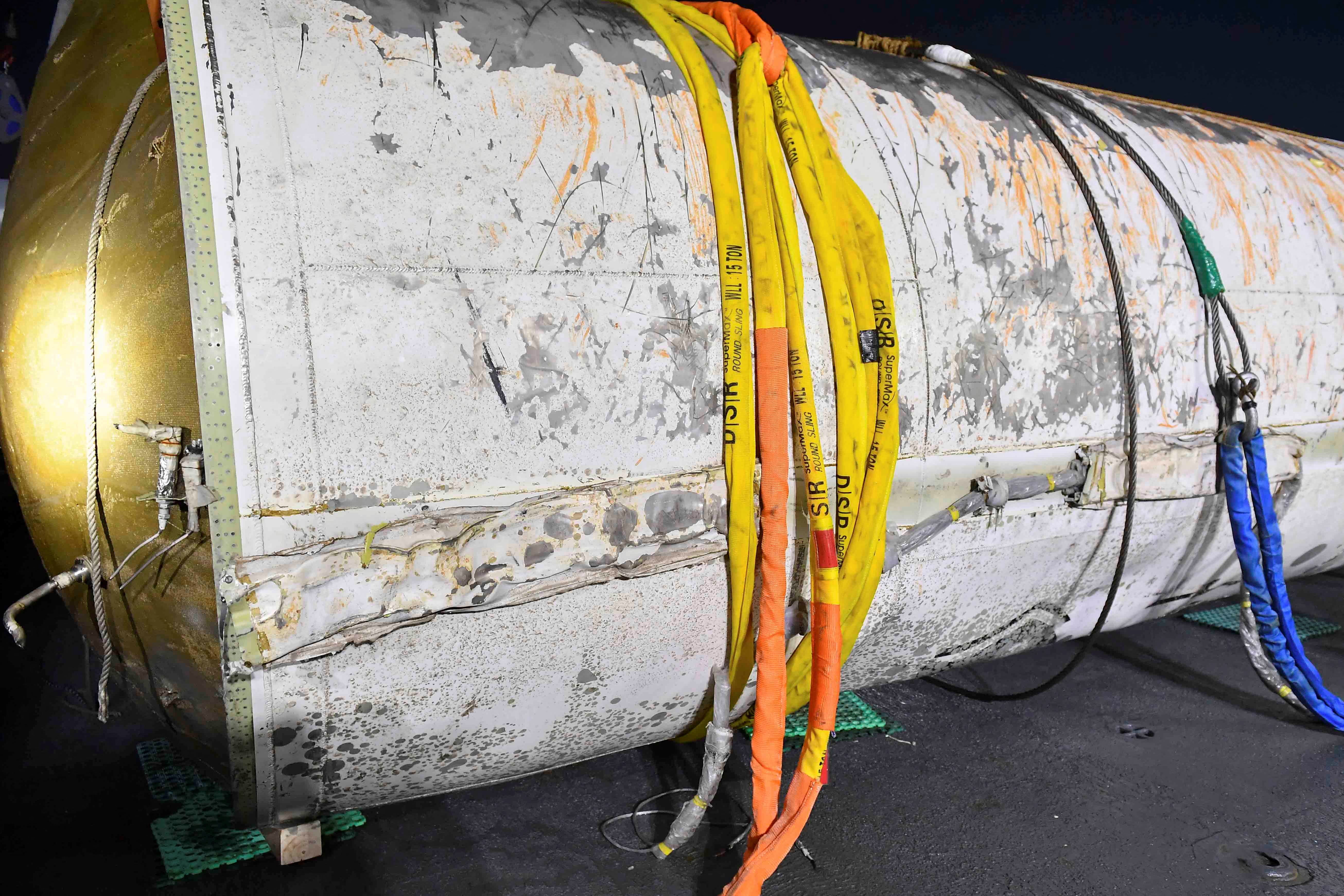 A handout picture shows a part of what is believed to be a space launch vehicle that North Korea said crashed into the sea off the west coast of the divided peninsula, and which the South Korean military had salvaged, at an unidentified location in South Korea, June 15, 2023. The Defense Ministry/Handout via REUTERS