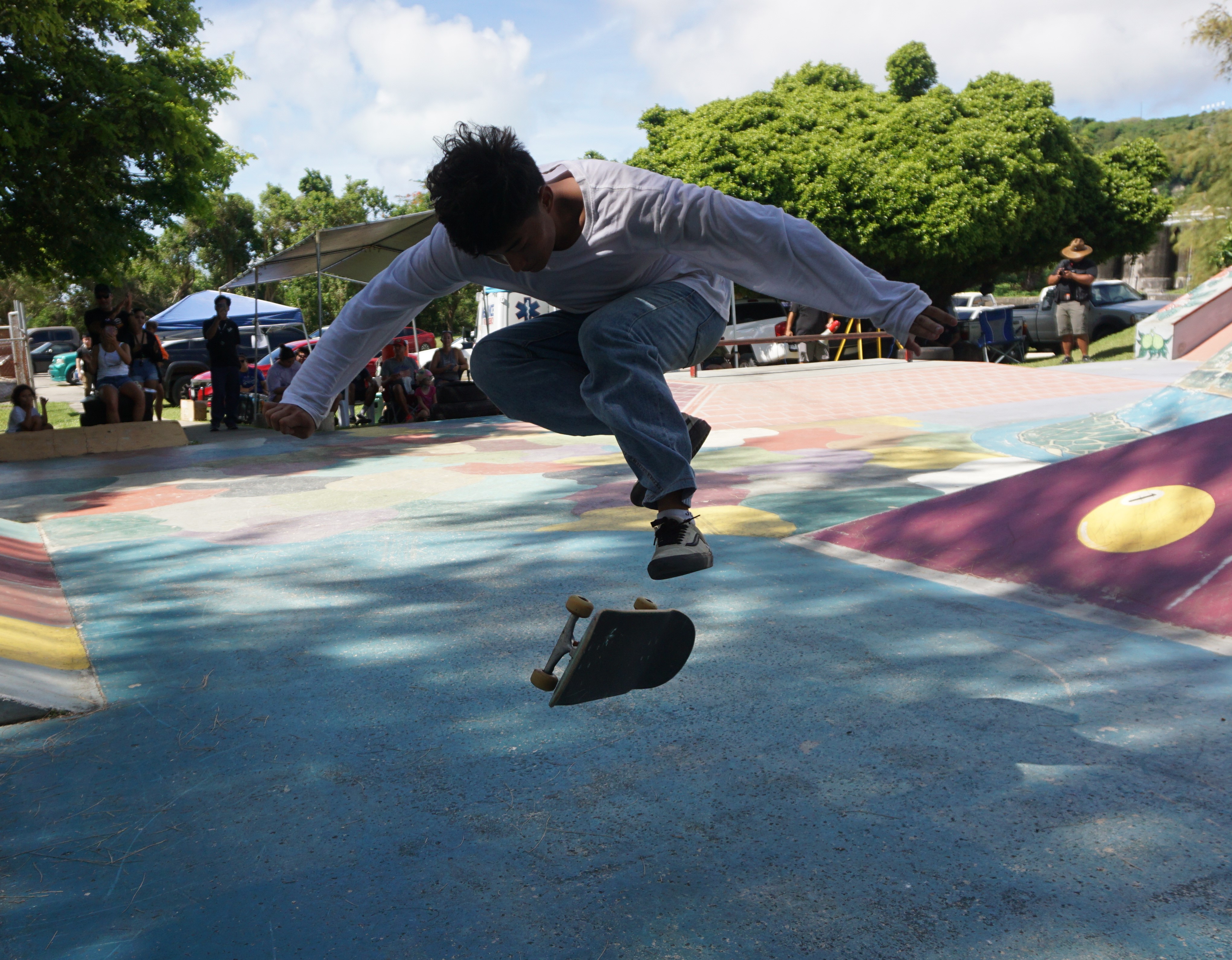 Sean Gil attempts a kickflip during the 1st annual Marianas Skate Series at Garapan Skate Park on Saturday. 