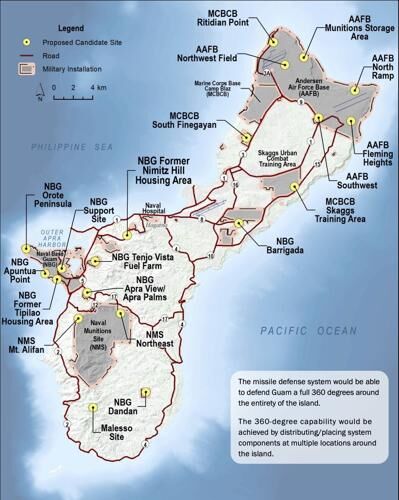 A map shows 20 initial sites proposed to house the various parts of a proposed 360-degree missile defense system for Guam. Courtesy of the Missile Defense Agency