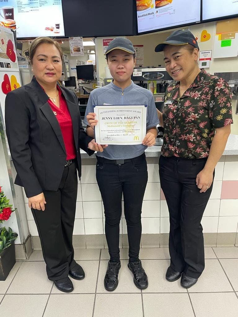 From left, Ruthzel Perez, general manager of McDonald’s Garapan; Jenny Loi Dagupan, Crew of the 1st Quarter, McDonald’s Garapan; and Jeanette Keremius, people department manager of McDonald’s Garapan.