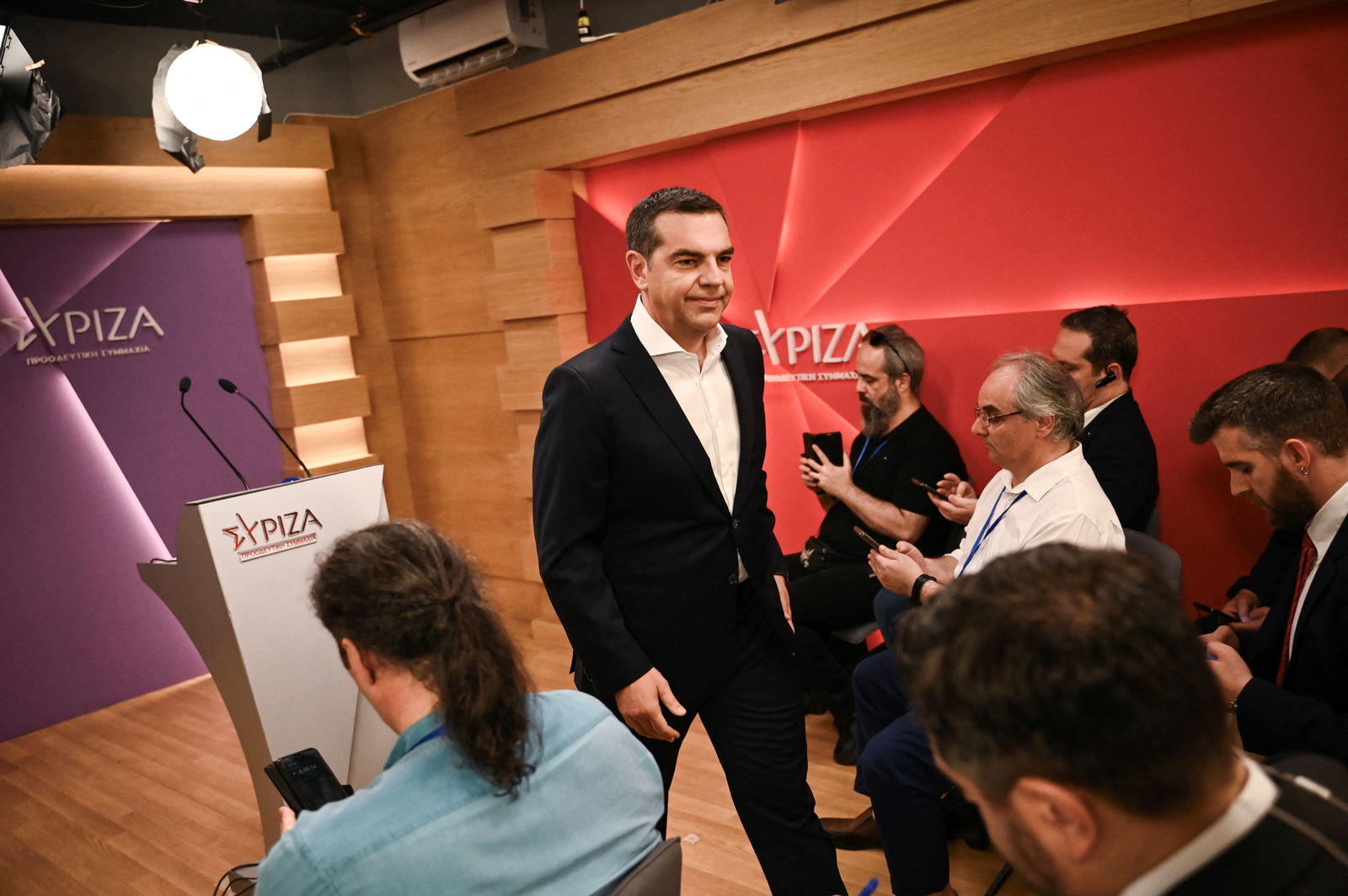 Leftist Syriza party leader Alexis Tsipras leaves after making statements at the party's headquarters, following a general election, in Athens, Greece, June 25, 2023. Angelos Tzortzinis/Pool via REUTERS