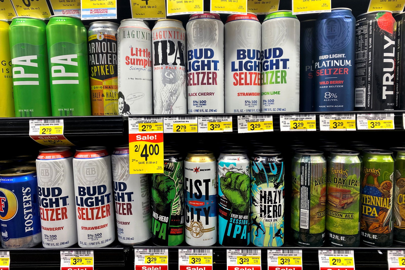 Cans of AB InBev's Bud Light hard seltzer are displayed in a fridge in Jewel-Osco supermarket in Chicago, Illinois, Oct. 21, 2020.