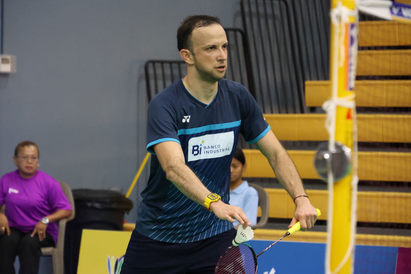 Kevin Cordon sets up for the serve against Cho Geonyeop during  their men's singles match Thursday in the Crowne Plaza Nothern Marianas Open at the Ada gym.