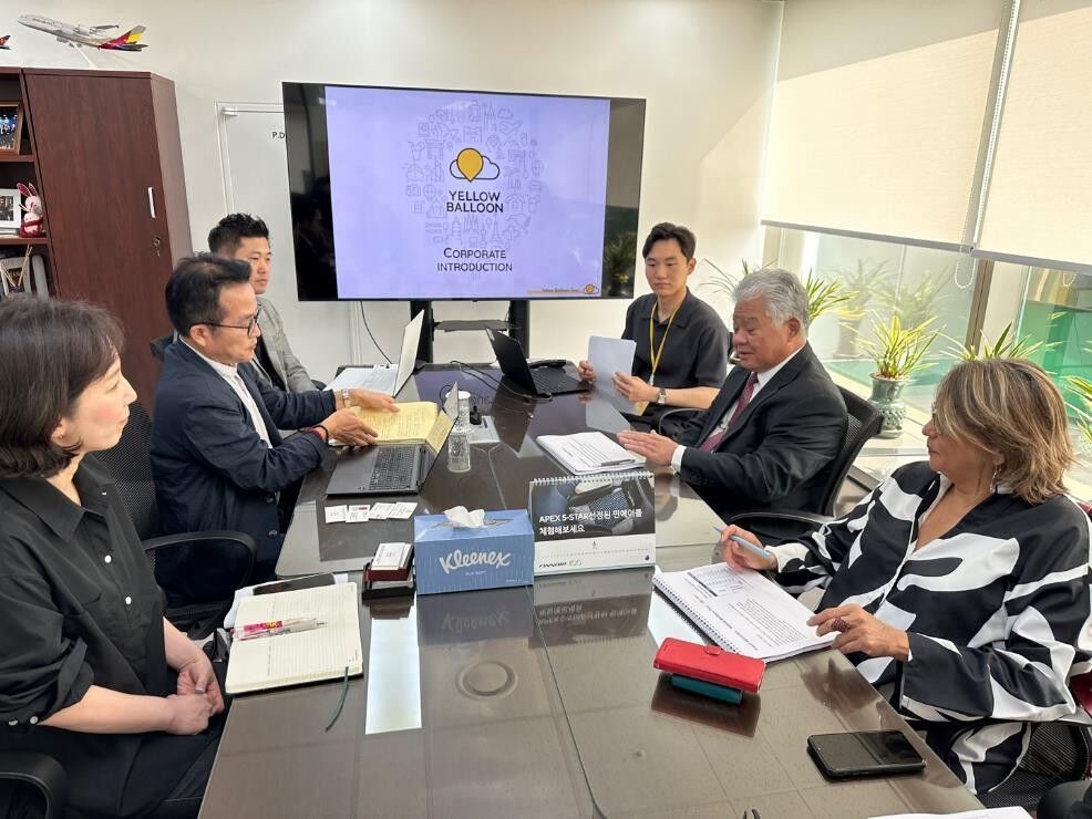 CNMI Governor Arnold A. Palacios, second right, meets with Yellow Balloon President Kim Jin Kook, second left, on June 8, 2023, at the travel agency headquarters in Seoul. Governor Palacios led a delegation from the Marianas in Korea to reaffirm ties with tourism partners in the top source market for tourists to island destination.