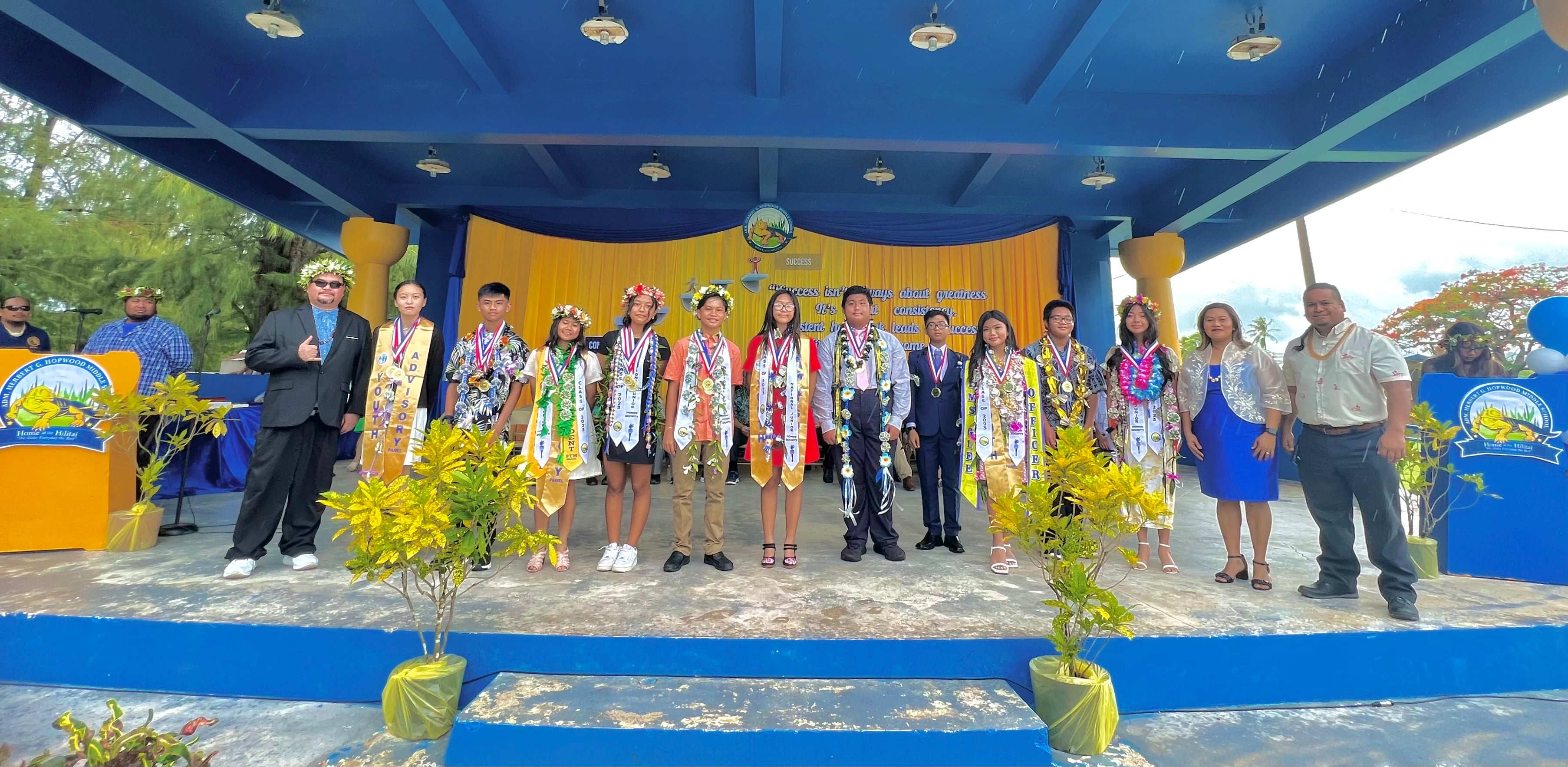 The subject award recipients for Team E: Adrian Mallari Lubao for Social Studies, Physical Education and Career Technical and Education-Agriculture; Nagi Maria T. Tenorio for Math, Chamorro Carolinian Language and Heritage Studies, and Science; Roman Joseph Dionn A. Bautista for English Language Arts; Tasi Willy Reyes for Middle School Leadership Corps; and Fiona Lao Zhu for Career Technical and Education-Computer Literacy. For Team F:  John Peter Quidato for Science and Middle School Leadership Corps; Kaye Anne O. Costales for Social Studies; Kelly Lina for Math; Rhian Courtney G. Alfonso for Chamorro Carolinian Language and Heritage Studies; Aron Dale Blancia for English Language Arts; Princess Elaine Capangpangan Lopez for Career Technical and Education-Computer Literacy and Agriculture.