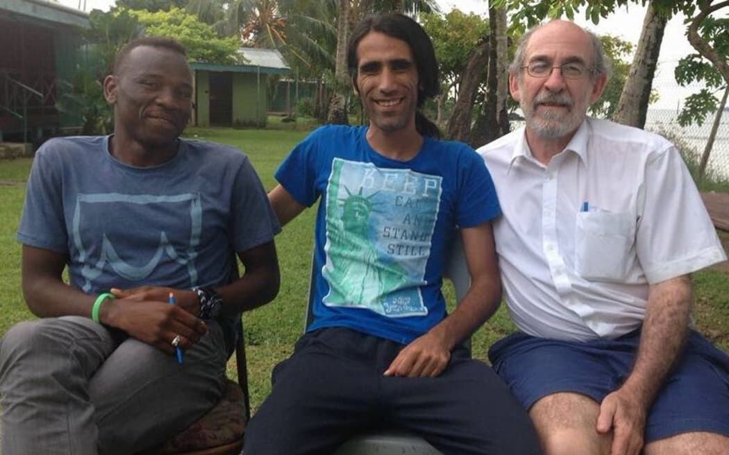 Archive image of Ian Rintoul, right, on Manus Island with Abdul Aziz Muhamatm, left, and Behrouz Boochani, center, before they left PNG.