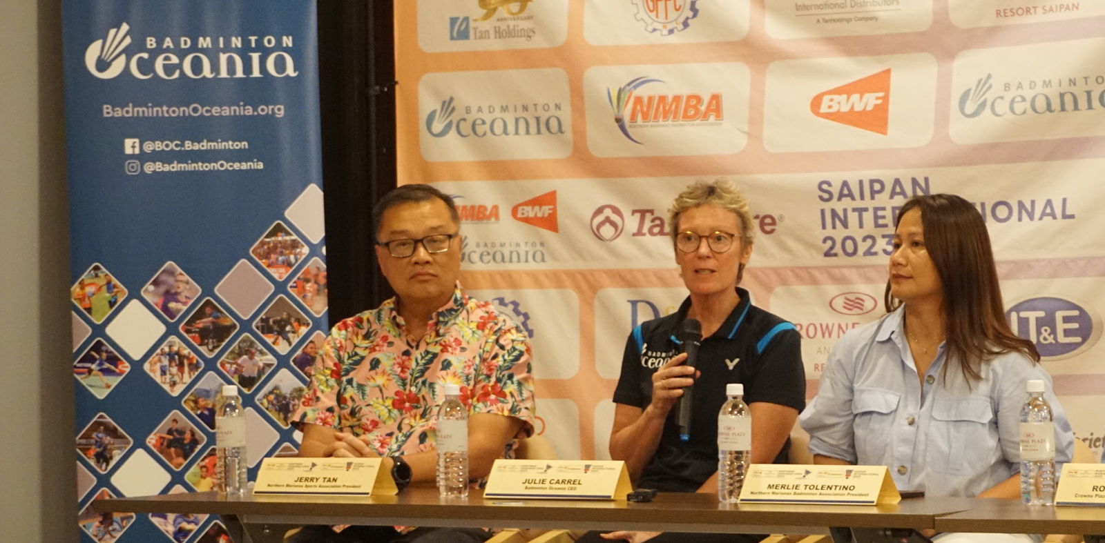 Badminton Oceania CEO Julie Carrel conducts a media conference with Northern Marianas Sports Association President Jerry Tan and Northern Marianas Badminton Association President Merlie Tolentino on Monday at the Crowne Plaza Resort Saipan.