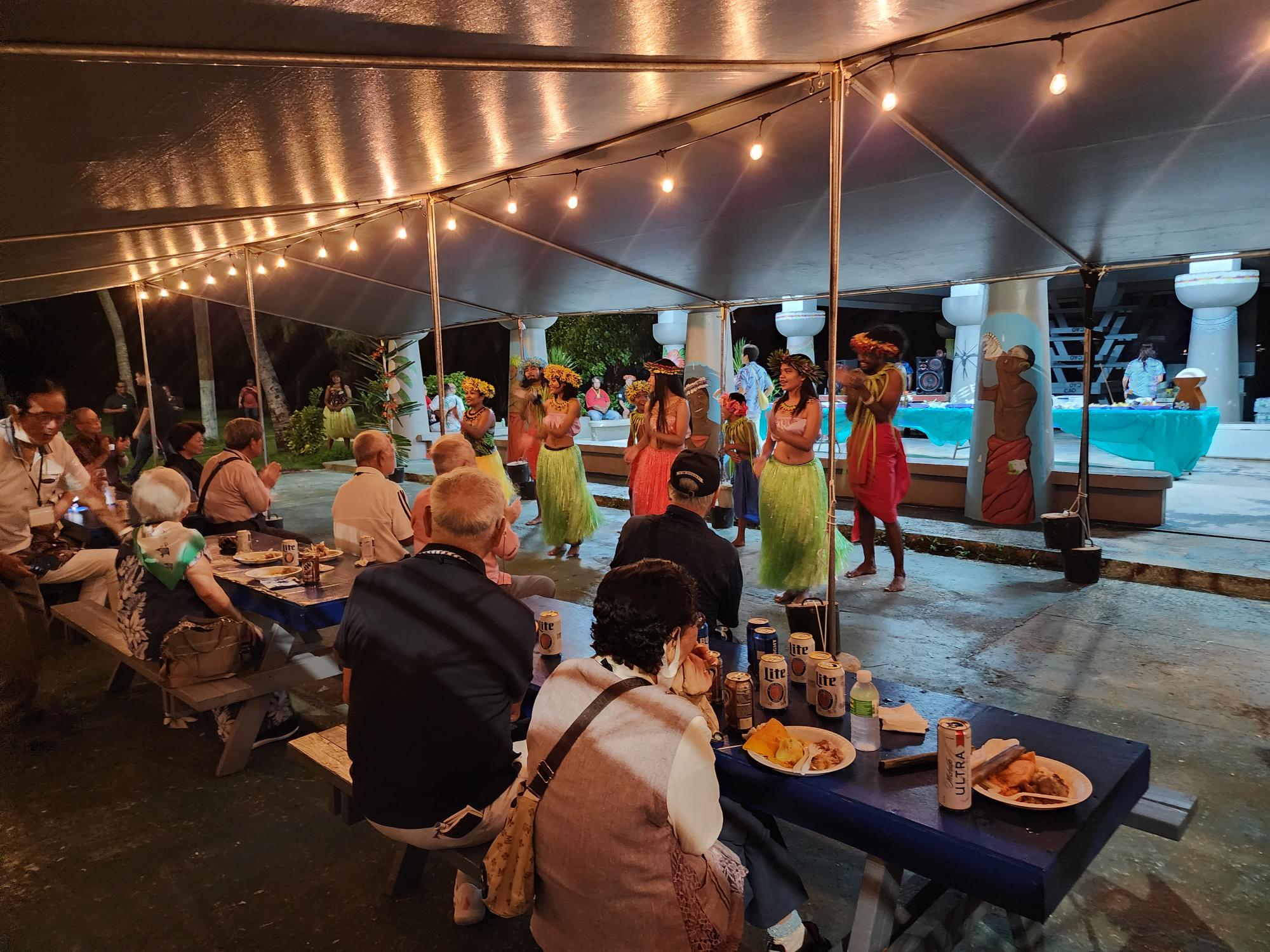 Cultural dancers perform during  a dinner hosted by CNMI officials and PDI in honor of visiting Okinawans at the Carolinian Affairs Office pavilion on Thursday night