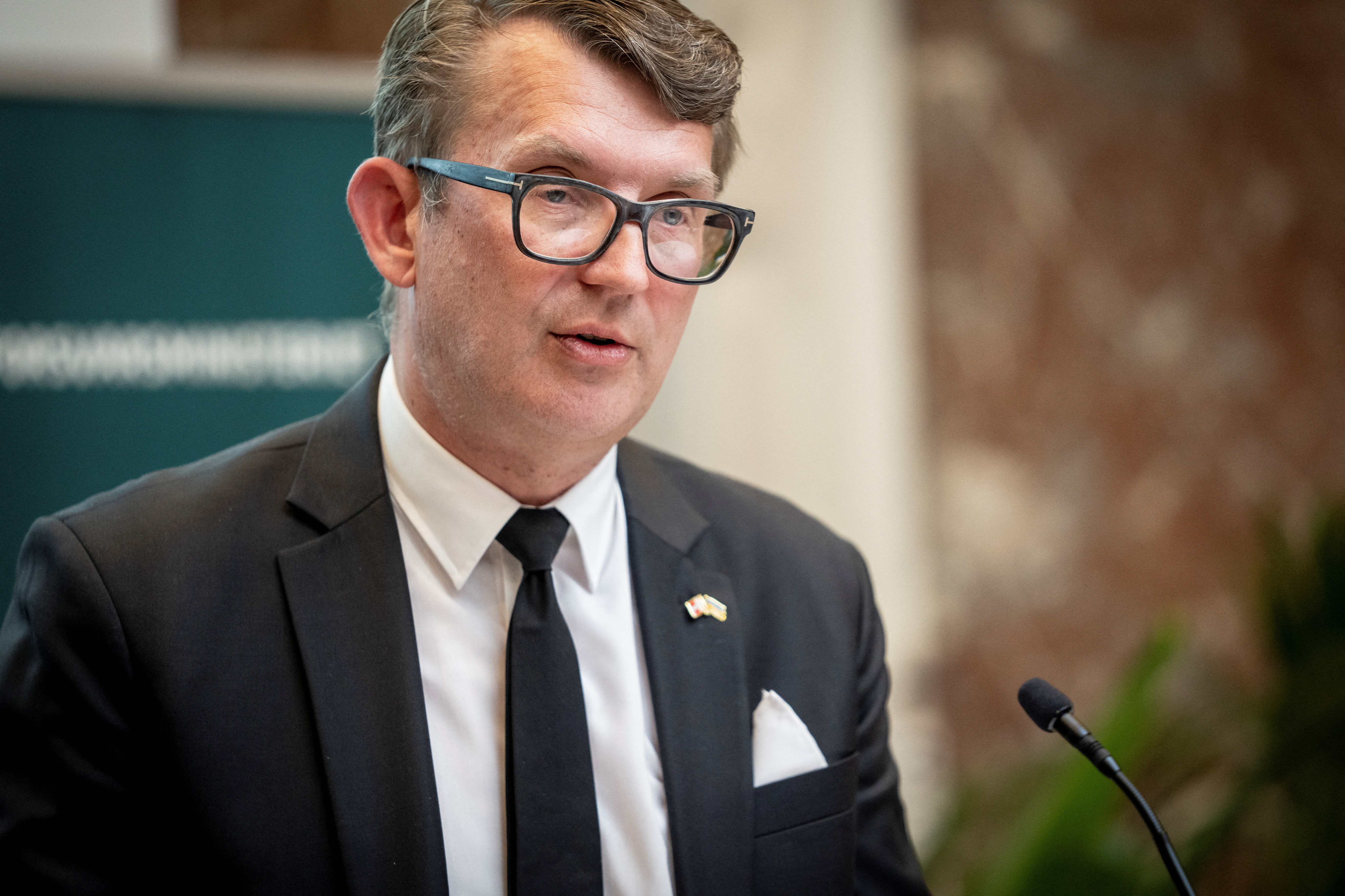 FILE PHOTO: Denmark’s acting Defense Minister Troels Lund Poulsen presents the government's plans for a new defense settlement during a press conference, at the Ministry of Defense, Copenhagen, Denmark, May 30, 2023. Mads Claus Rasmussen/Ritzau Scanpix via REUTERS/ File Photo