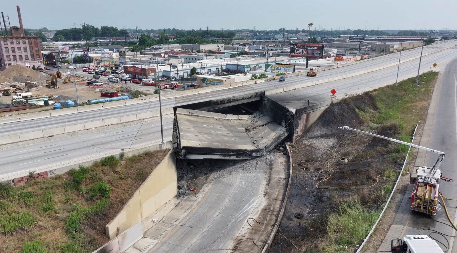 A view of the aftermath of the collapse of a part of I-95 highway after a fuel tanker exploded beneath it, in Philadelphia, U.S. June 11, 2023 in this still image obtained from a social media video. Courtesy of Billy Kyle/via REUTERS