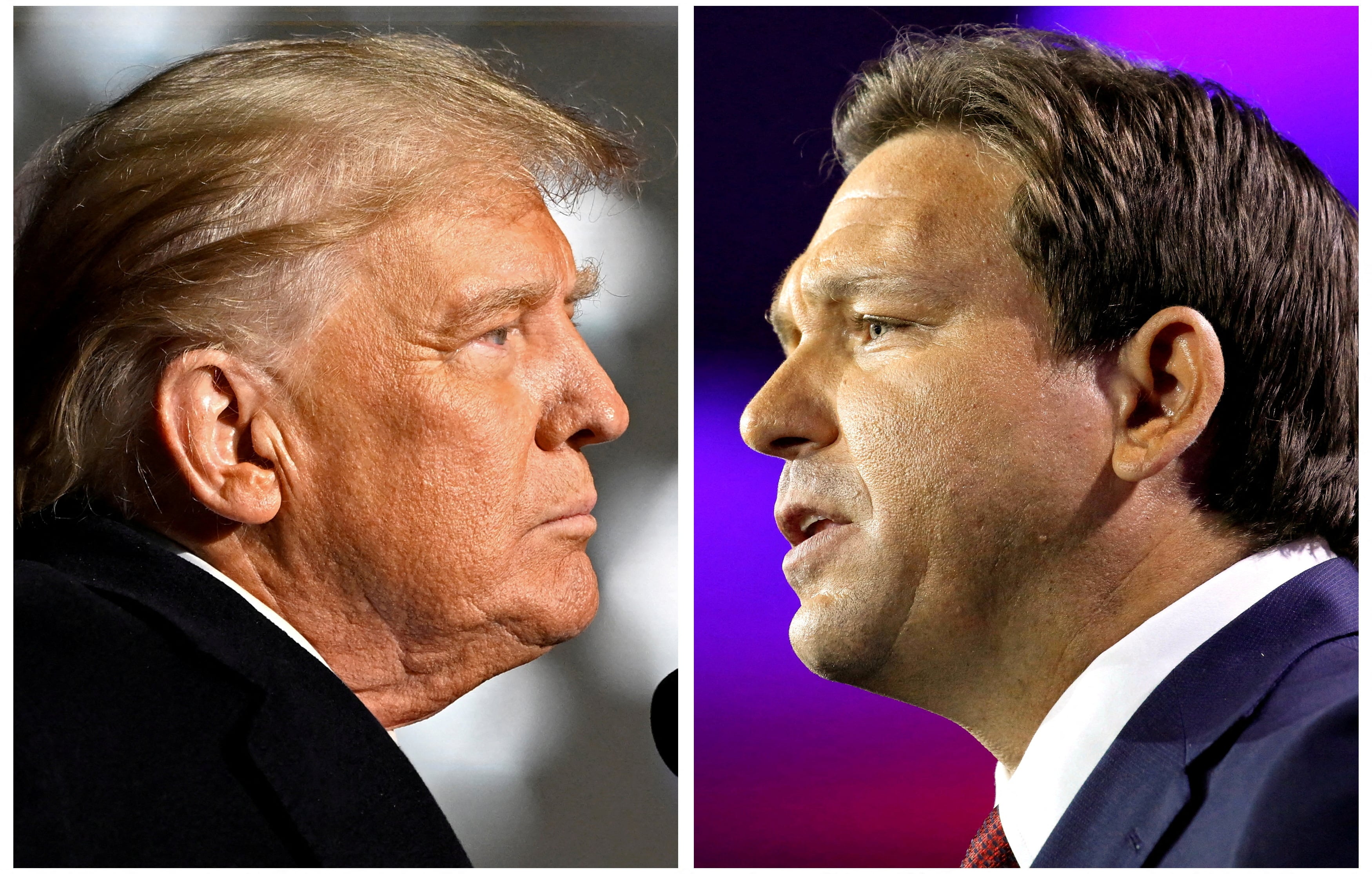 Former President Donald Trump and Florida Governor Ron DeSantis speak at midterm election rallies, in Dayton, Ohio, Nov. 7, 2022 and Tampa, Florida, Nov. 8, 2022 in a combination of file photos.