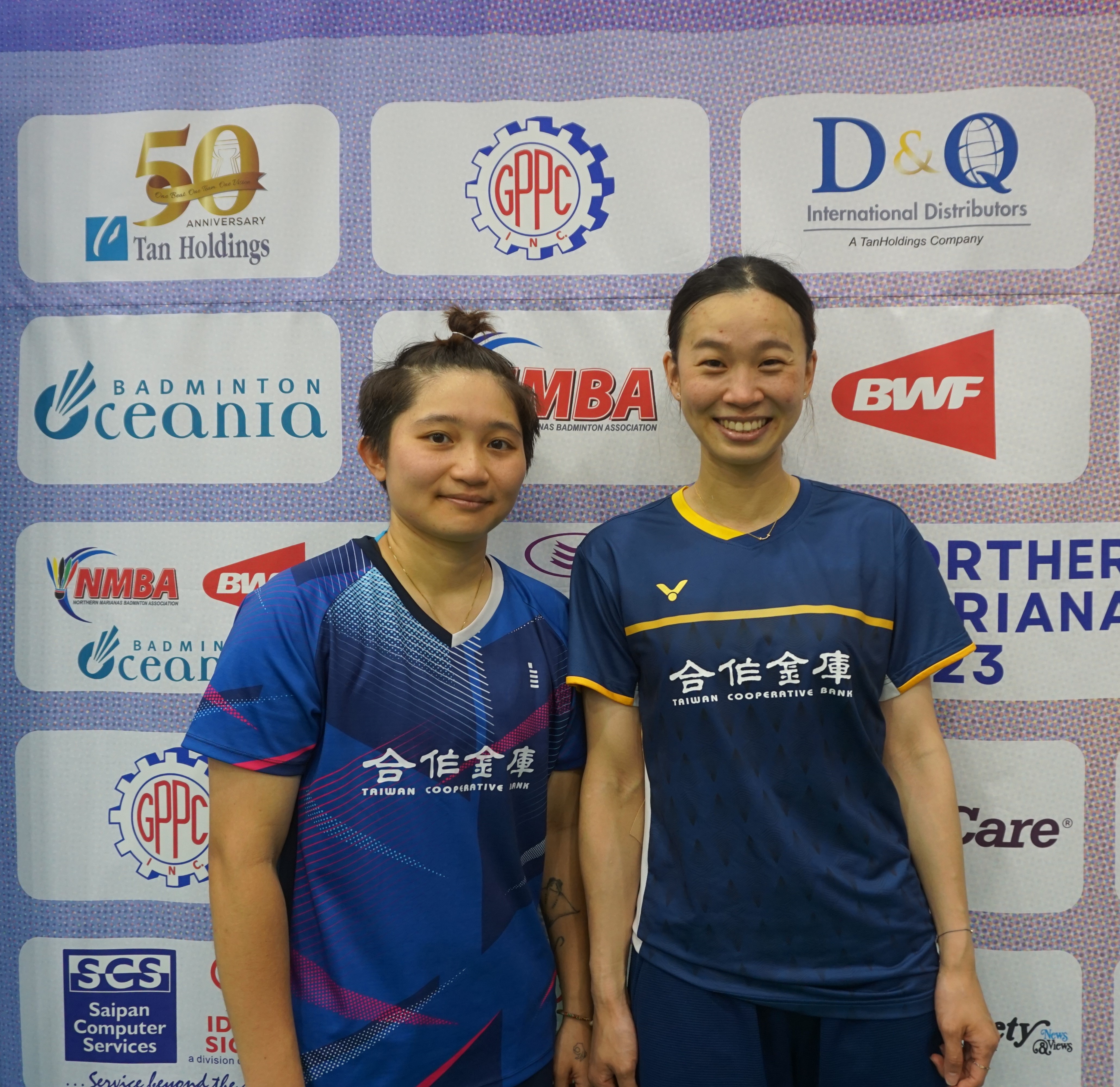 Hsu Ya Ching and Lin Wan Ching of Chinese-Taipei pose after winning the women's doubles title of the Northern Marianas Open 2023 Sunday at the Ada gym.