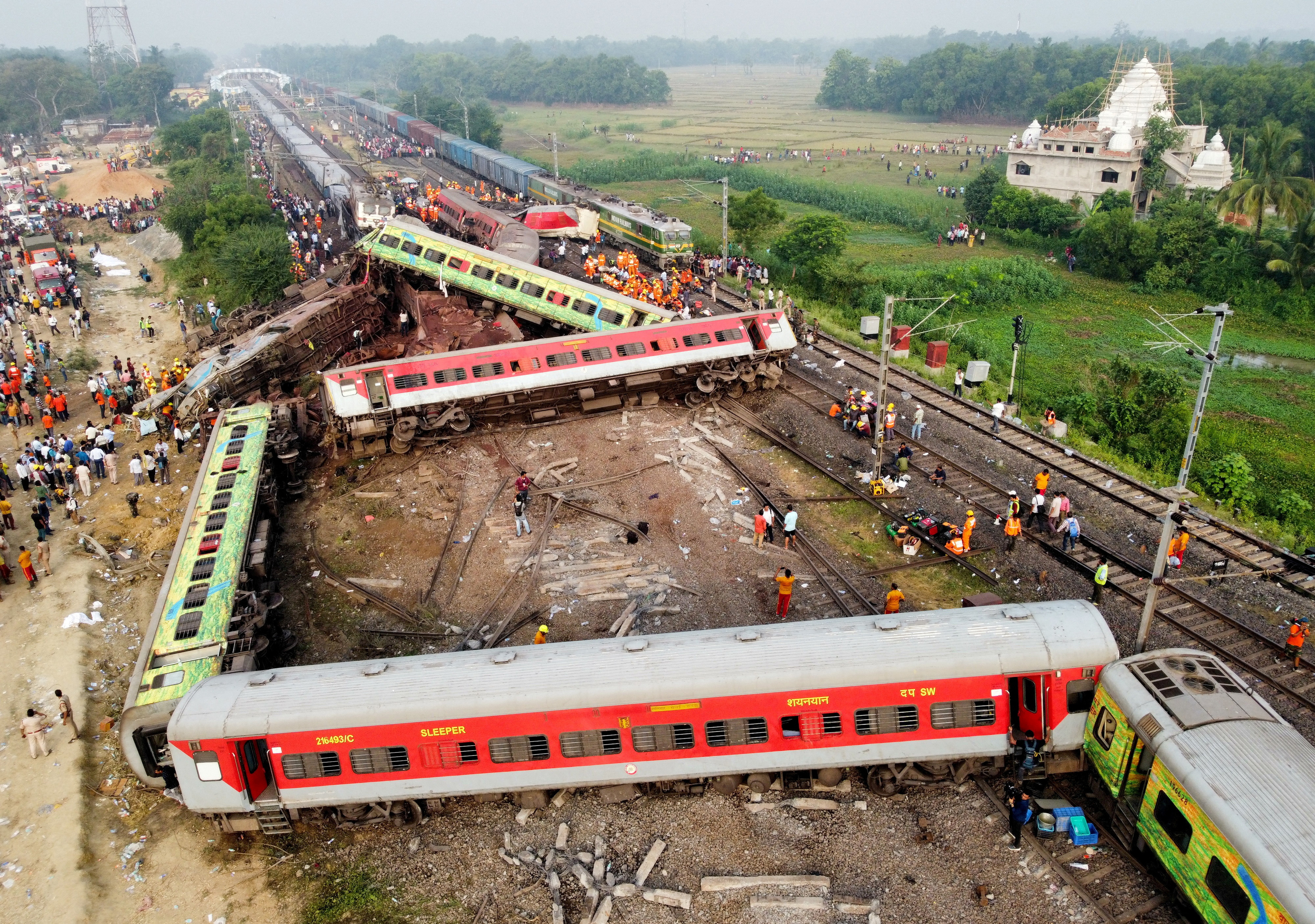 A drone view shows derailed coaches after two passenger trains collided in Balasore district in the eastern state of Odisha, India, June 3, 2023. REUTERS/Stringer