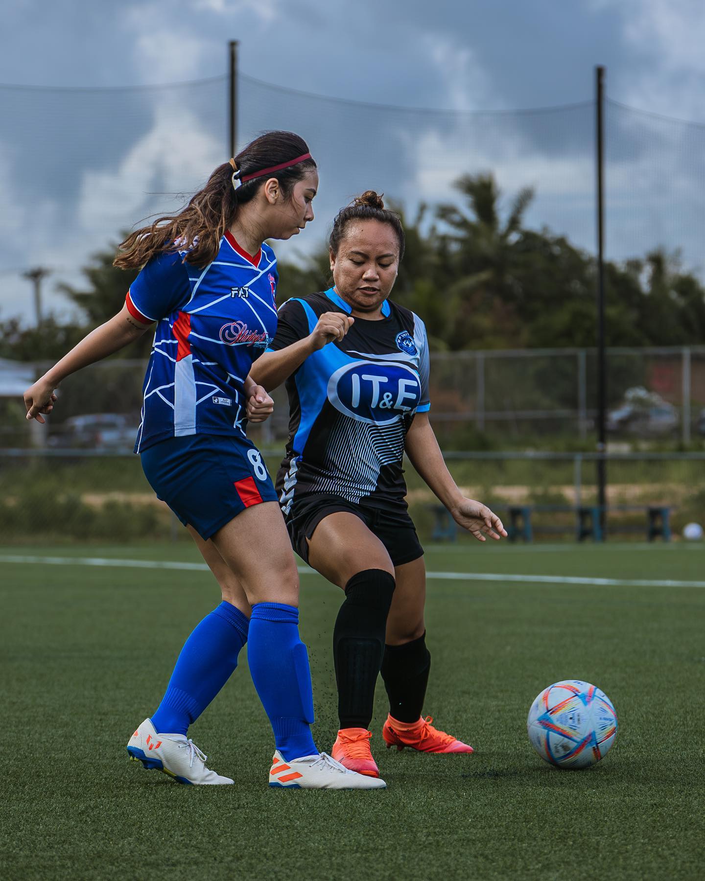 An MP United defender attempts an interception against a Shirley's  player during an intermediate division game of the Dove Women's League at the NMI Soccer Training Center in Koblerville on Sunday.