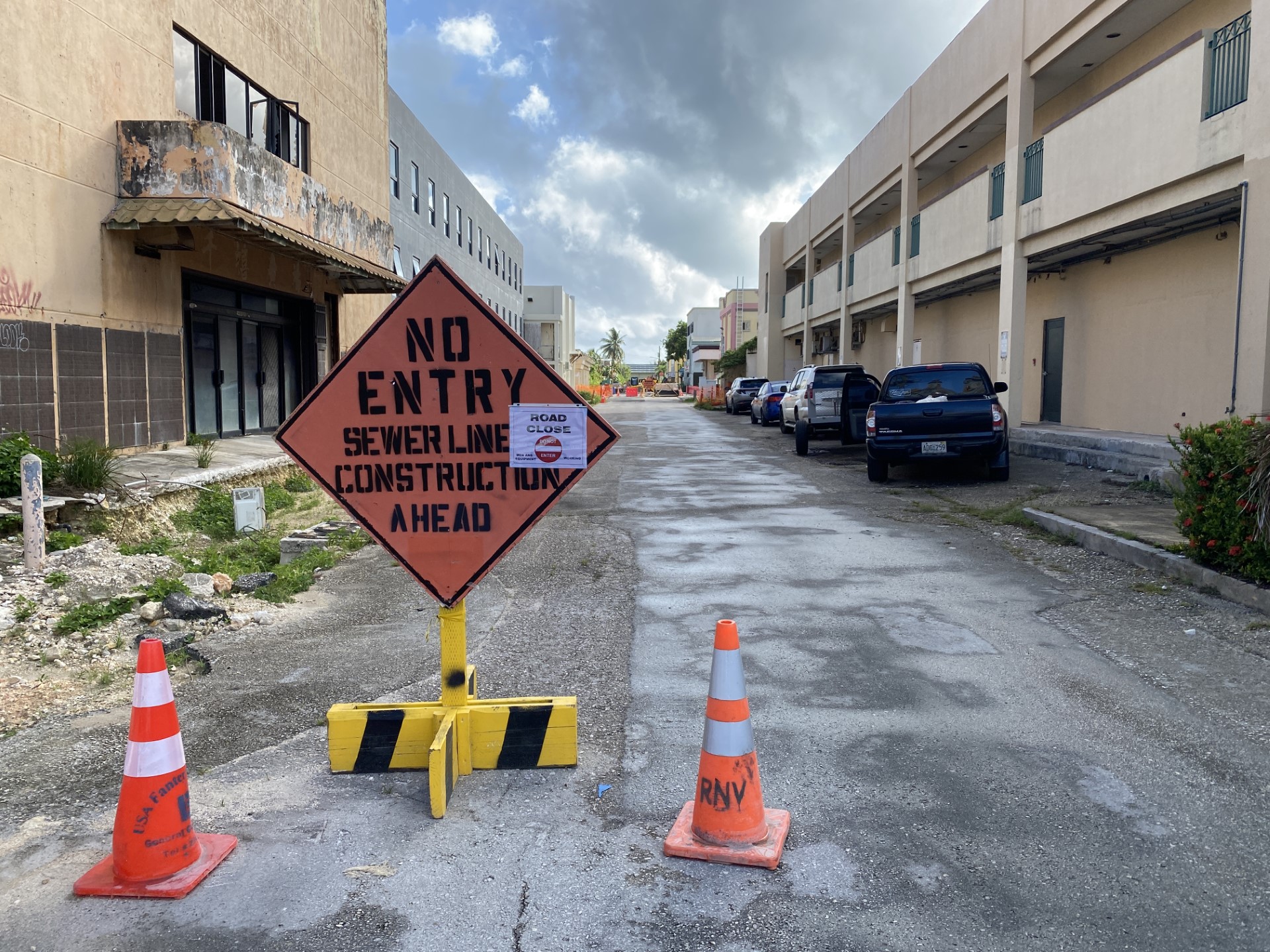 A sign on Royal Palm Avenue in Garapan warns of construction activities blocking access to traffic.