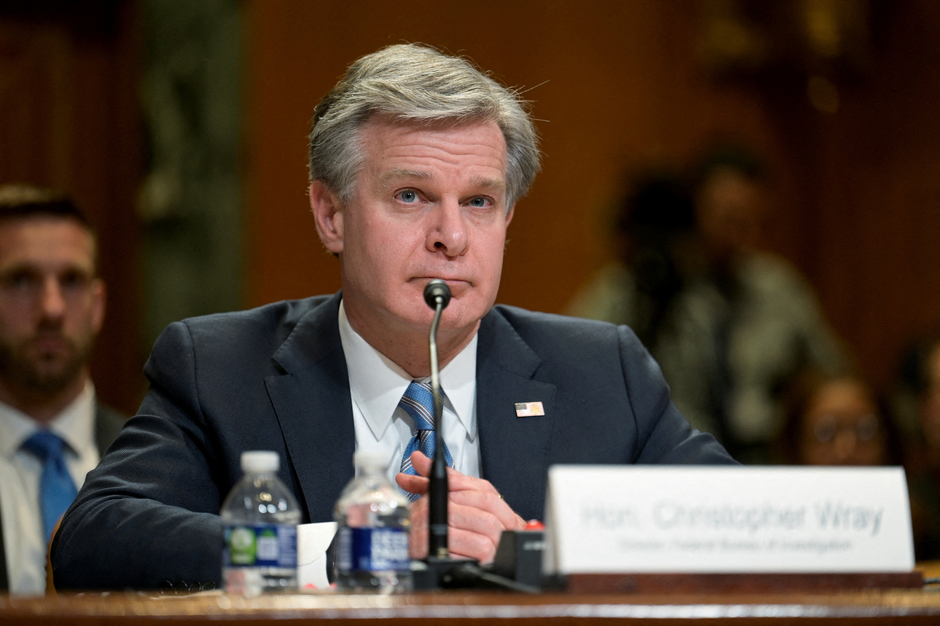 FILE PHOTO: FBI Director Christopher Wray testifies before a Senate Appropriations Commerce, Justice, Science, and Related Agencies Subcommittee hearing on President Biden’s proposed budget request for the Federal Bureau of Investigation (FBI) and for the U.S. Drug Enforcement Administration (DEA) on Capitol Hill in Washington, U.S., May 10, 2023. REUTERS/Craig Hudson