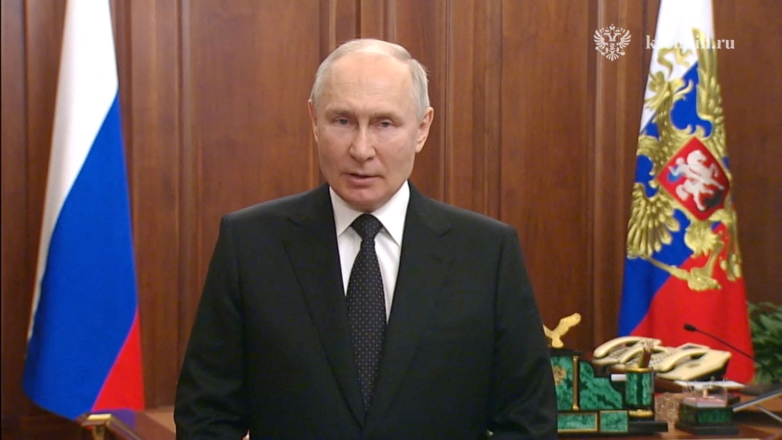 Russian President Vladimir Putin gives an emergency televised address in Moscow, Russia, June 24, 2023, in this still image taken from a video. Kremlin.ru/Handout via REUTERS