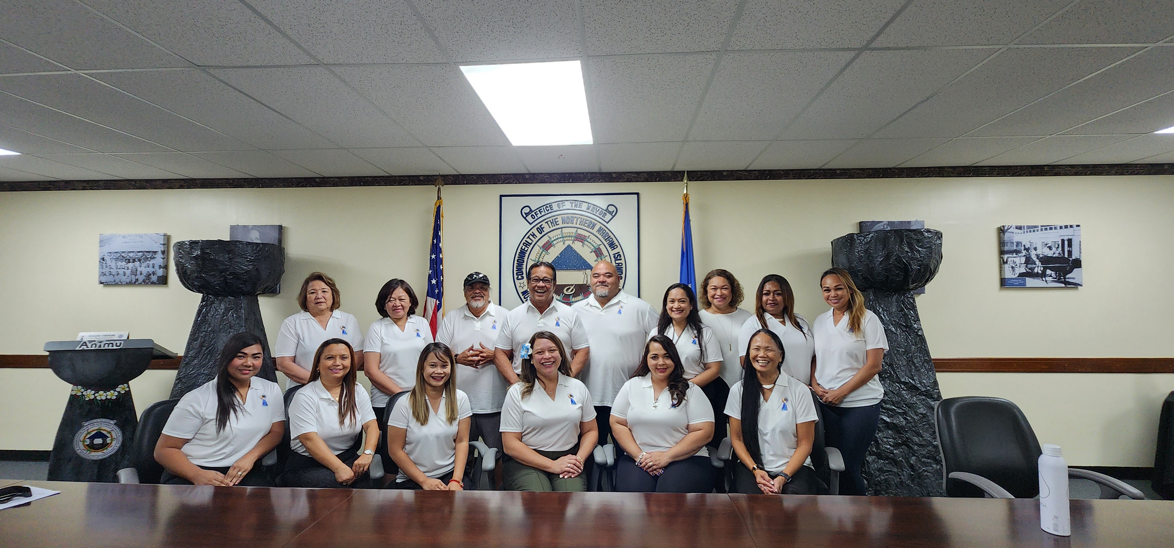 Liberation Day Committee member Teresita Camacho, Committee on Sponsorship Chair Jeanette Sarabia, Committee on Entertainment Chair Gordon Marciano,  Saipan Mayor Ramon “RB” Camacho, Committee on Logistics Chair Jojo Attao, board member Natashia Tomokane, Committee on Hospitality and Grandstand members Shirley Blas, Carla Sablan and Joy Maratita. Second row: Committee on Media and Marketing Chair Richelle Agpoon, Vice President for Finance and Budget Annamae Adaza,  Secretary Diane Lumapas, Chair Nadine DeLeon Guerrero,  board member and Committee on Parade’s Priscilla Iakopo, and Committee on Hospitality and Grandstand Chair Frances Sablan.