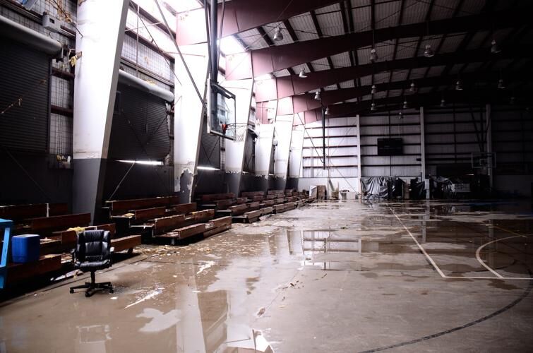 The Yigo gym is still heavily damaged from the passage of Typhoon Mawar, as seen June 1, 2023.