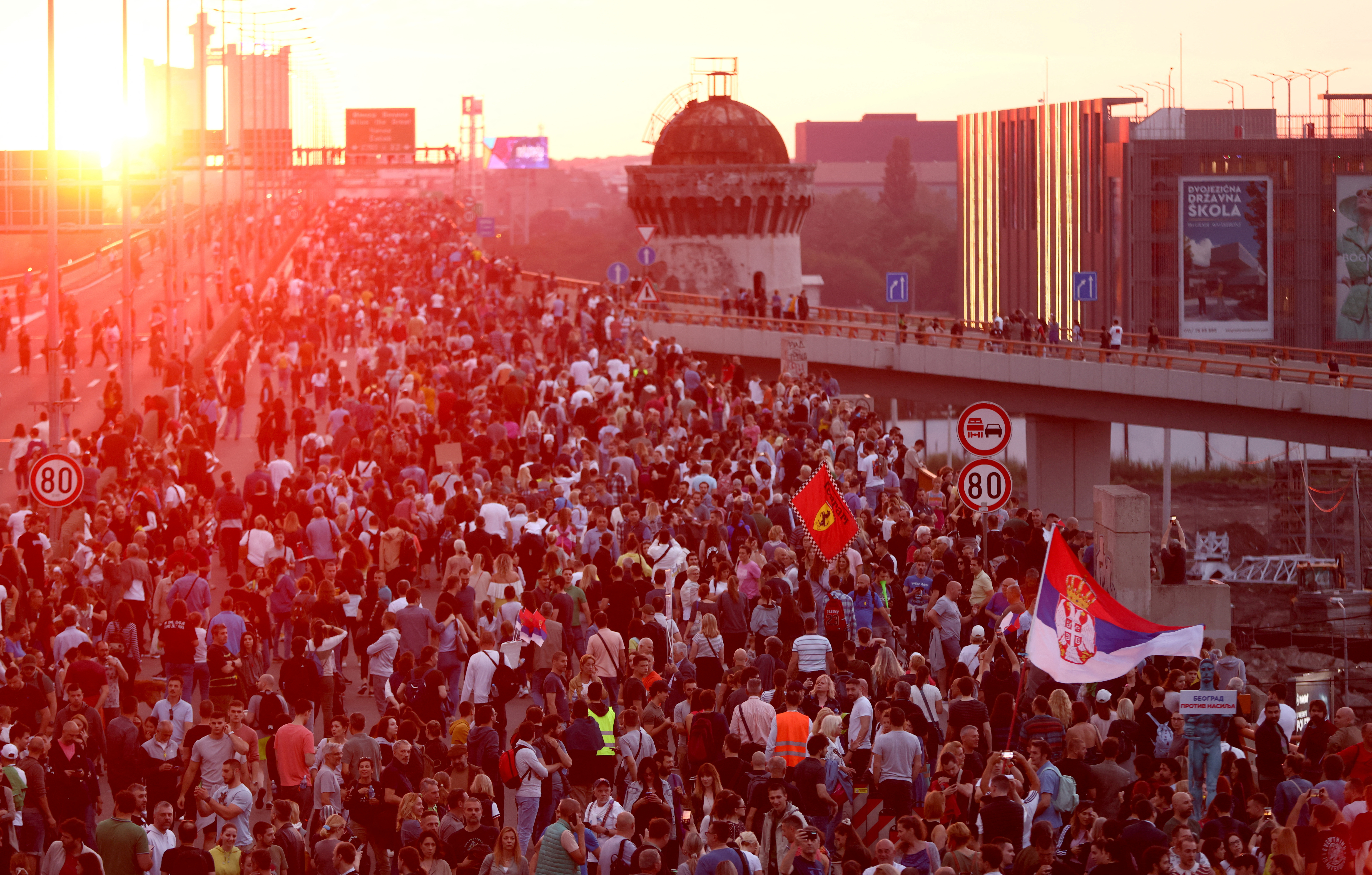 People attend a demonstration "Serbia against violence" organized by Serbia's opposition parties in reaction to the two mass shootings in the same week, in Belgrade, Serbia, June 17, 2023. REUTERS/Marko Djurica