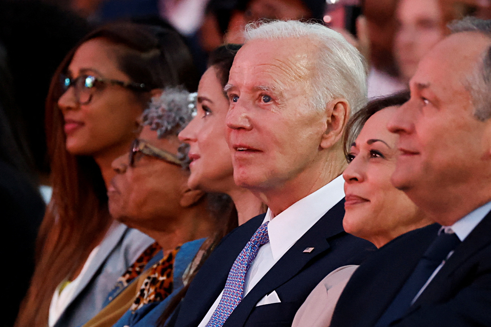 U.S. President Joe Biden, U.S. Vice President Kamala Harris and her husband Doug Emhoff look on during a Juneteenth concert at the White House in Washington, U.S. June 13, 2023. REUTERS/Jonathan Ernst