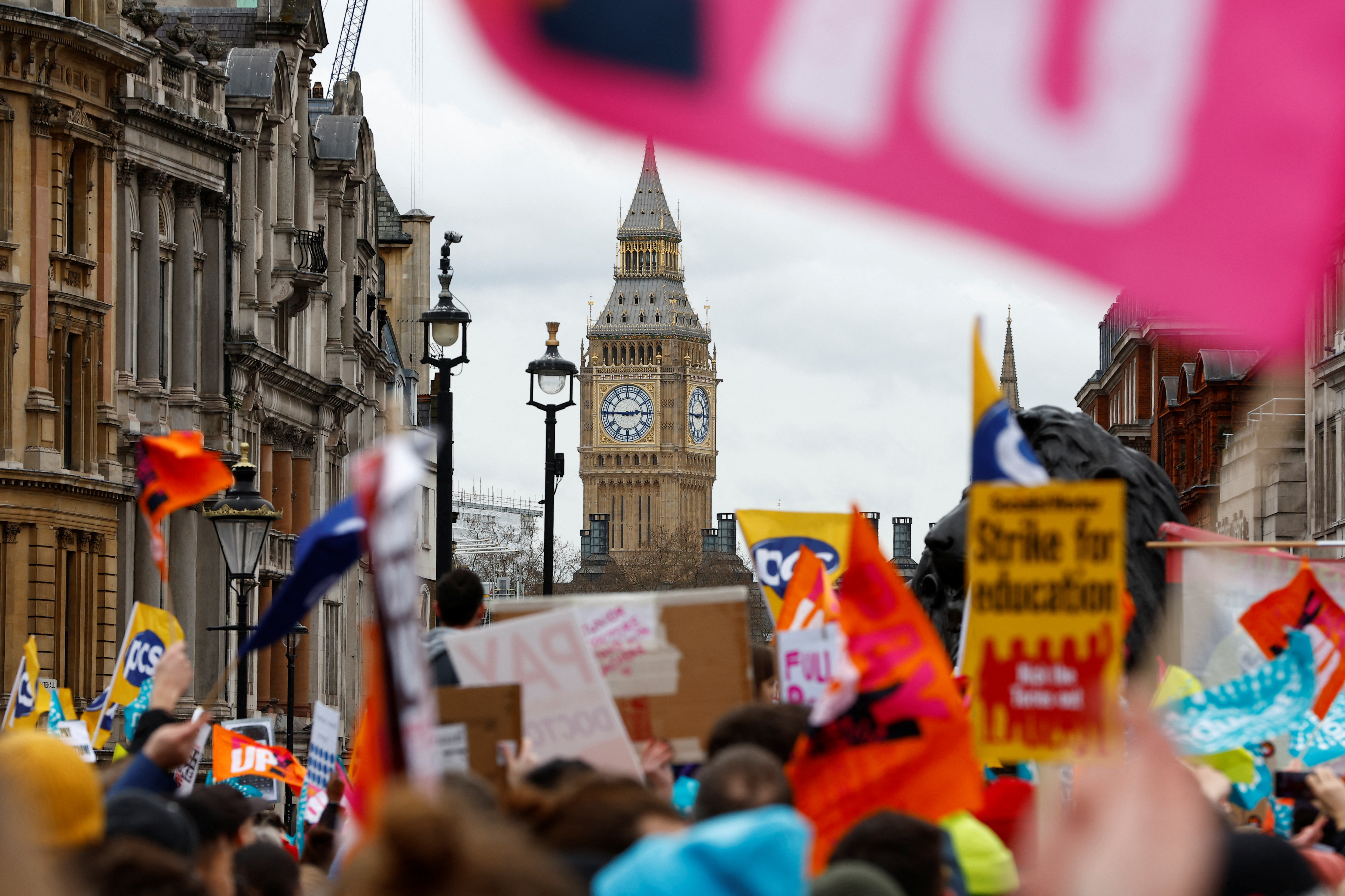 FILE PHOTO: The Elizabeth Tower, more commonly known as Big Ben, is seen as teachers attend a march during strike action in a dispute over pay, in London, Britain March 15, 2023. REUTERS/Peter Nicholls/File Photo