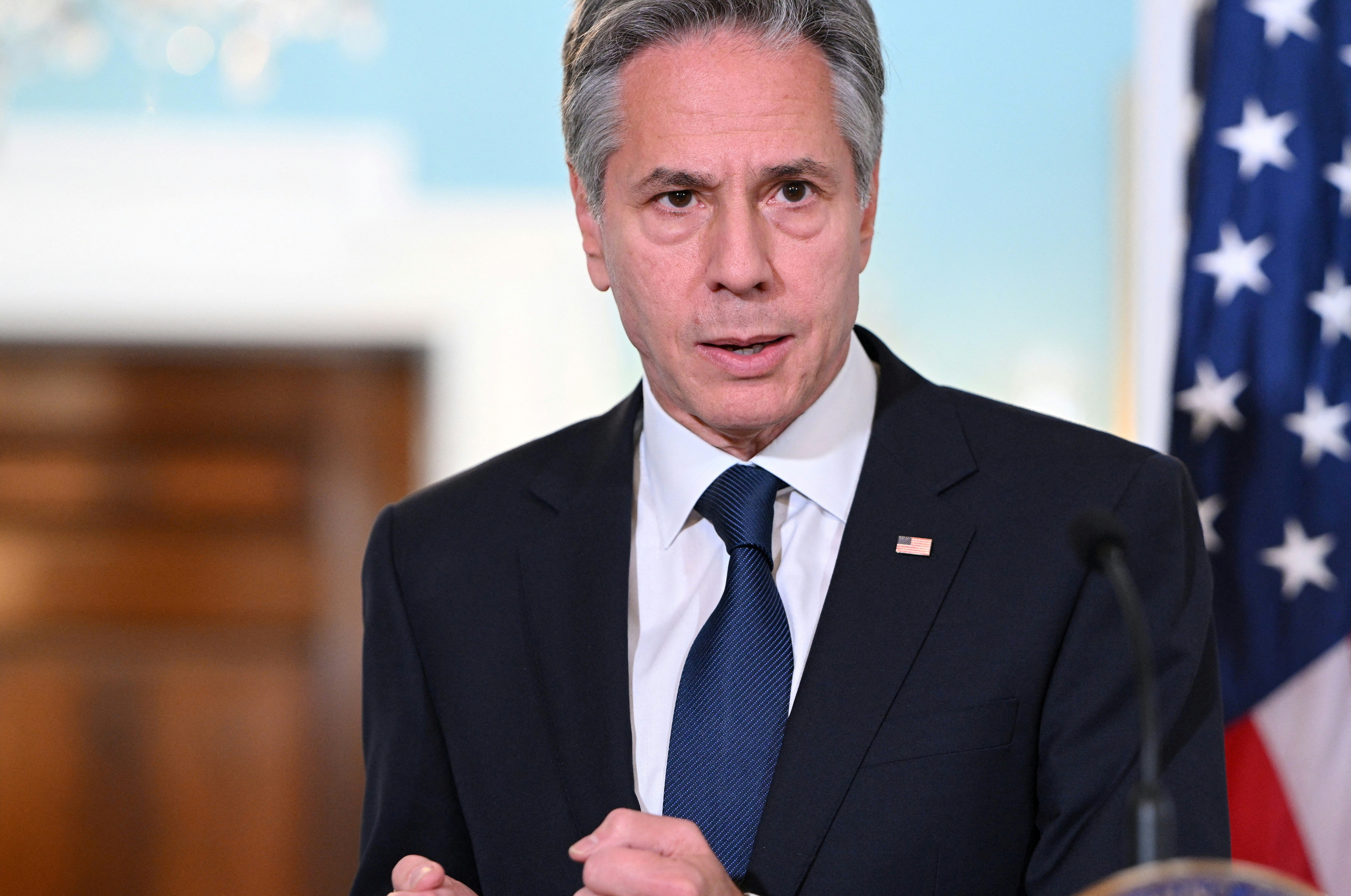 FILE PHOTO: U.S. Secretary of State Antony Blinken speaks to members of the media in the Treaty Room of the State Department in Washington, U.S., June 12, 2023. Mandel Ngan/Pool via REUTERS