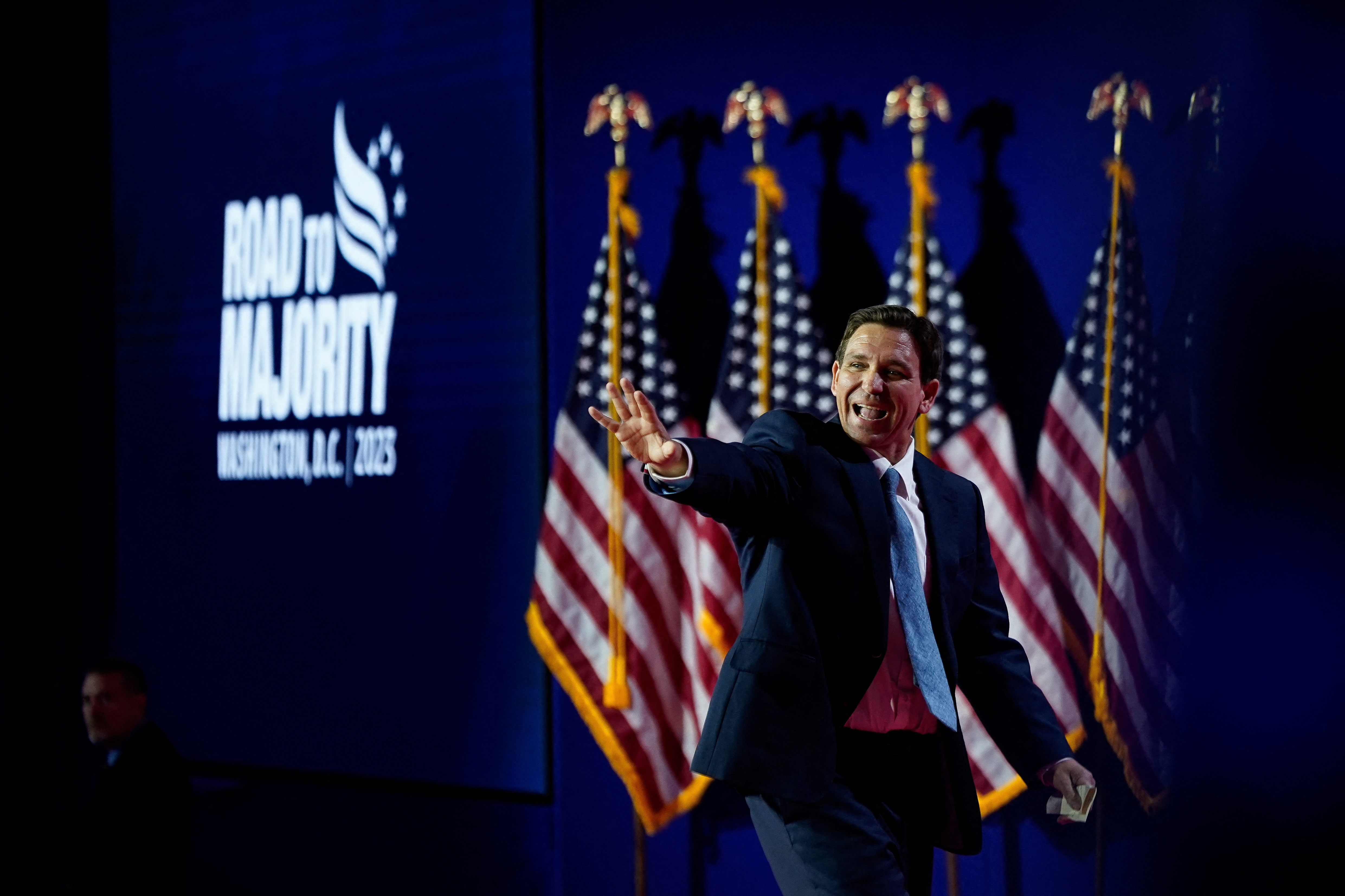 Republican U.S. presidential candidate Florida Gov. Ron DeSantis leaves the stage after addressing The Faith and Freedom Coalition's 2023 "Road to Majority" conference in Washington, U.S., June 23, 2023. REUTERS/Elizabeth Frantz