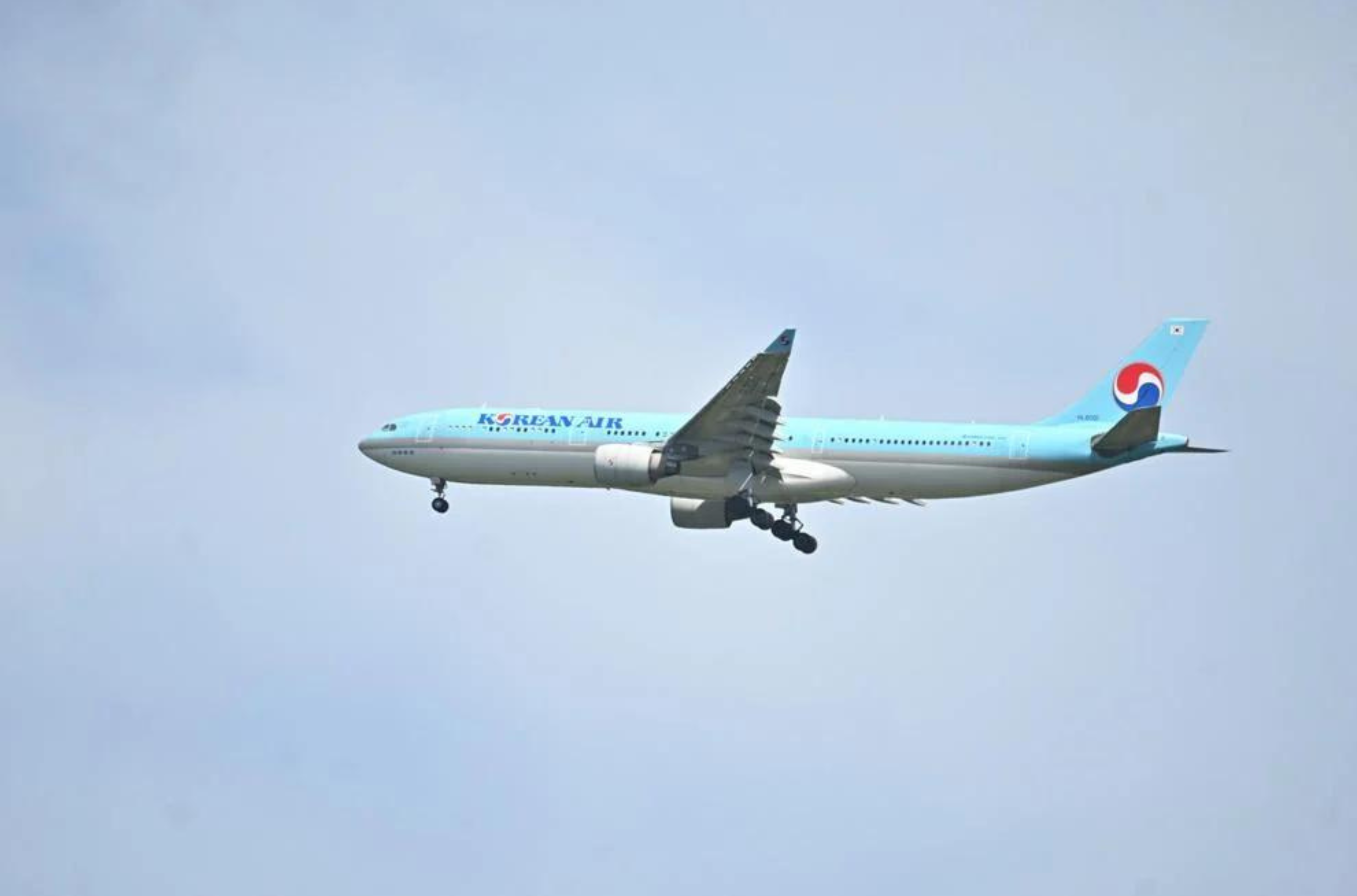 A Korean Air plane makes its final approach to land at the A.B. Won Pat Guam International Airport on May 4, 2023. 