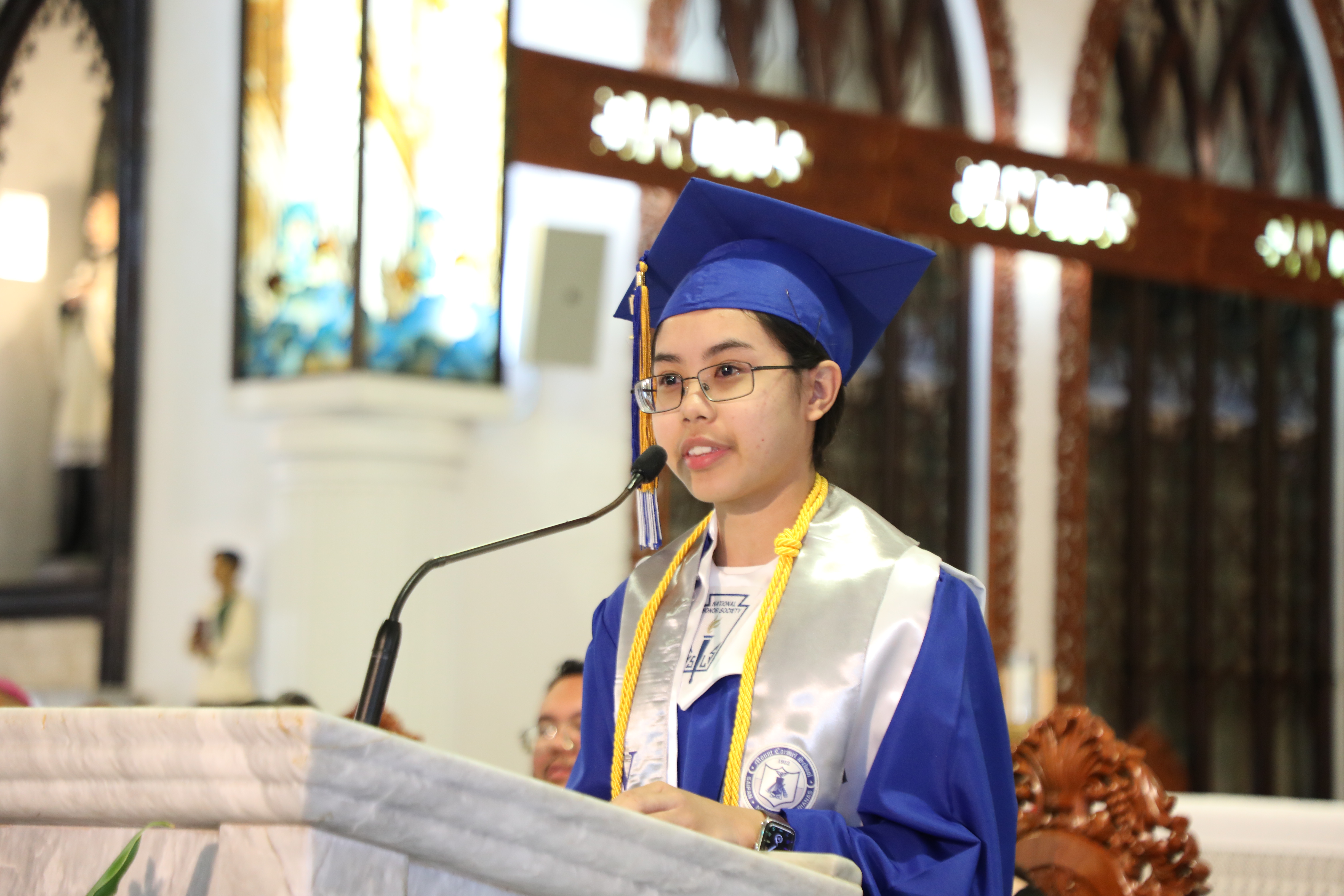 Mount Carmel School’s valedictorian YuriHana Rosa DLG Sasamoto gave her valedictory address during the school’s 63rd Commencement Ceremony on June 3, 2023.