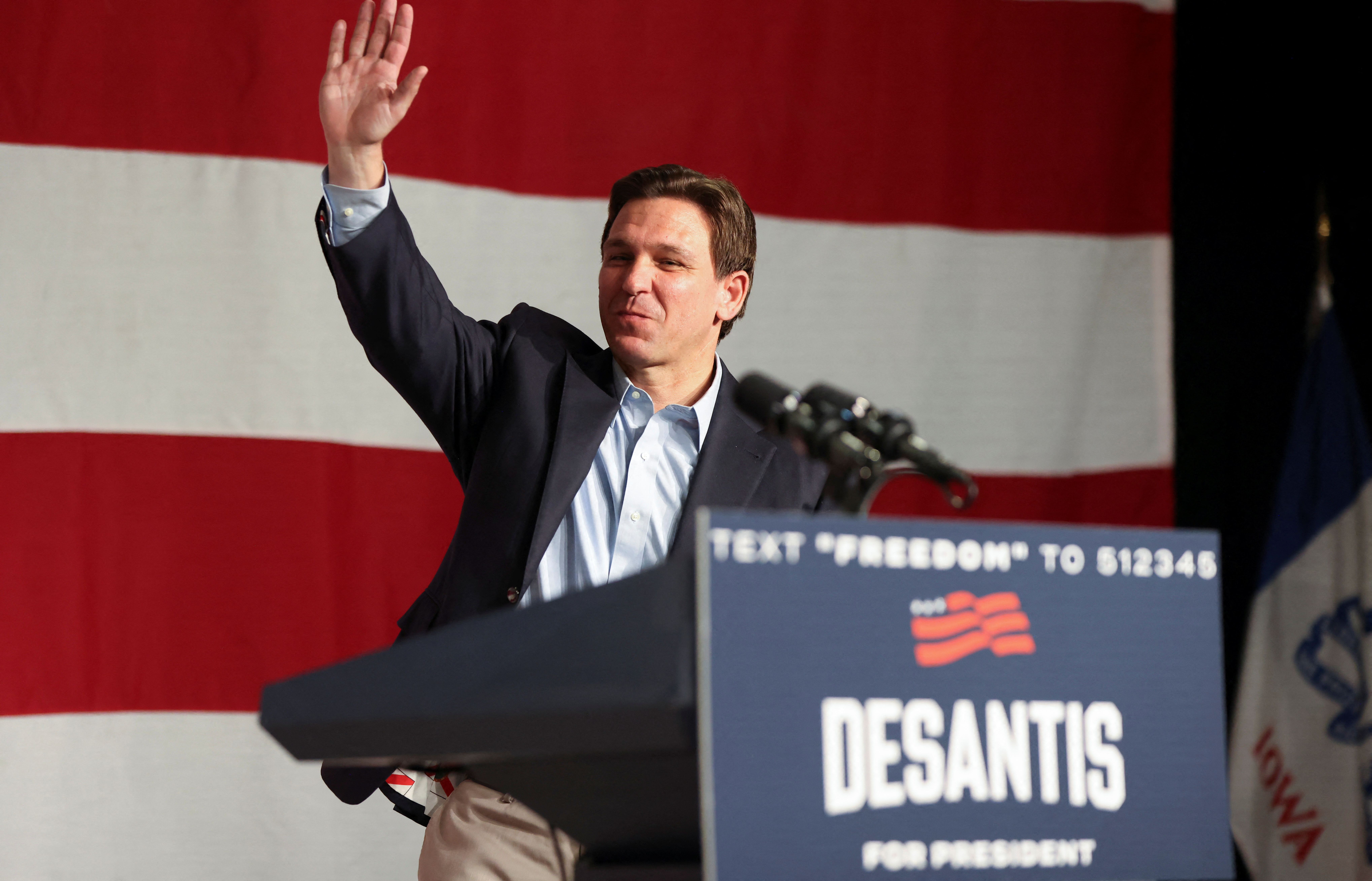 Republican Florida Governor Ron Desantis arrives to kick off his campaign for the 2024 Republican U.S. presidential nomination with an evening campaign rally at the evangelical Eternity church in West Des Moines, Iowa, U.S. May 30, 2023. REUTERS/Scott Morgan