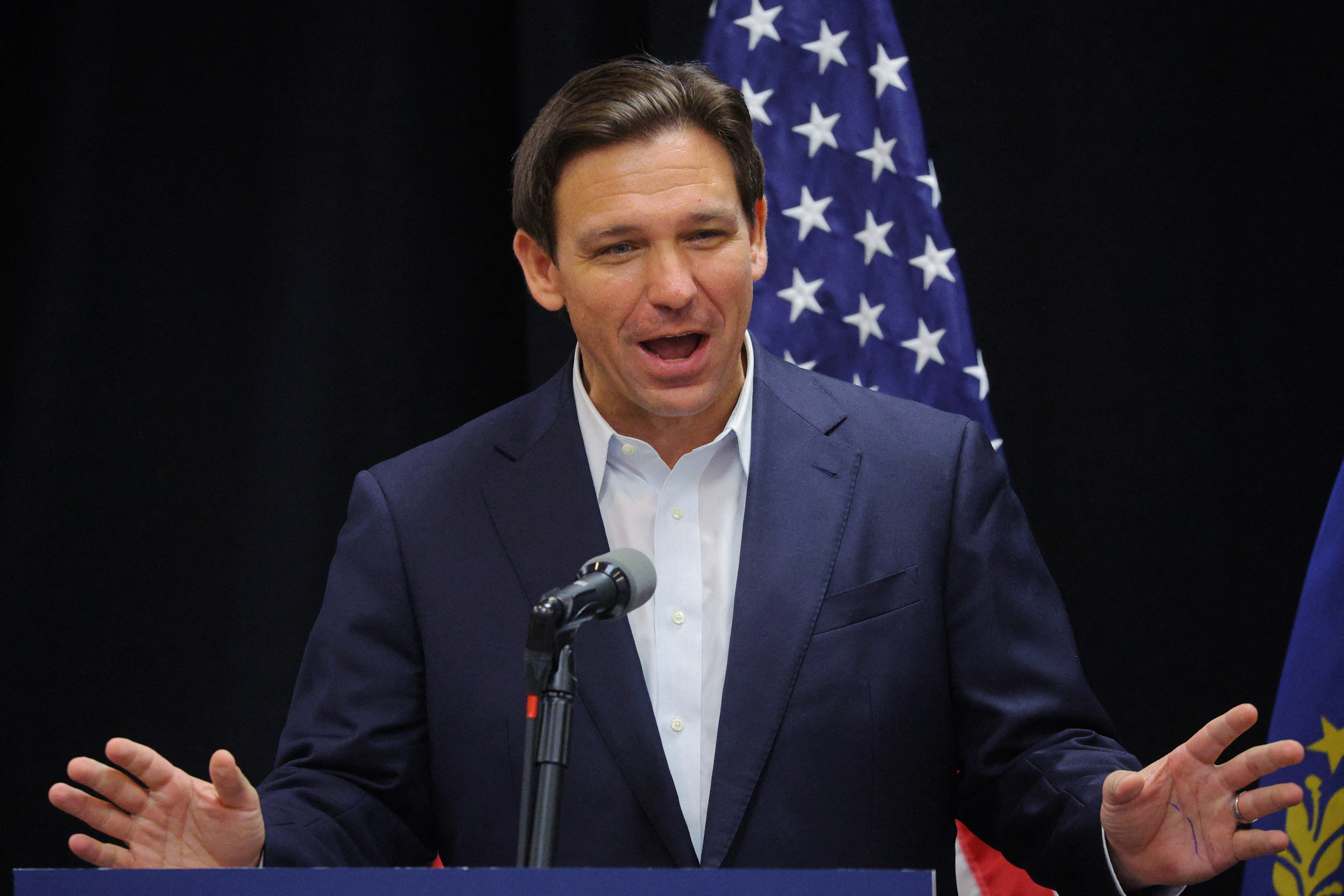 FILE PHOTO: Republican presidential candidate and Florida Governor Ron DeSantis speaks at a campaign event in Rochester, New Hampshire, U.S., June 1, 2023. REUTERS/Brian Snyder