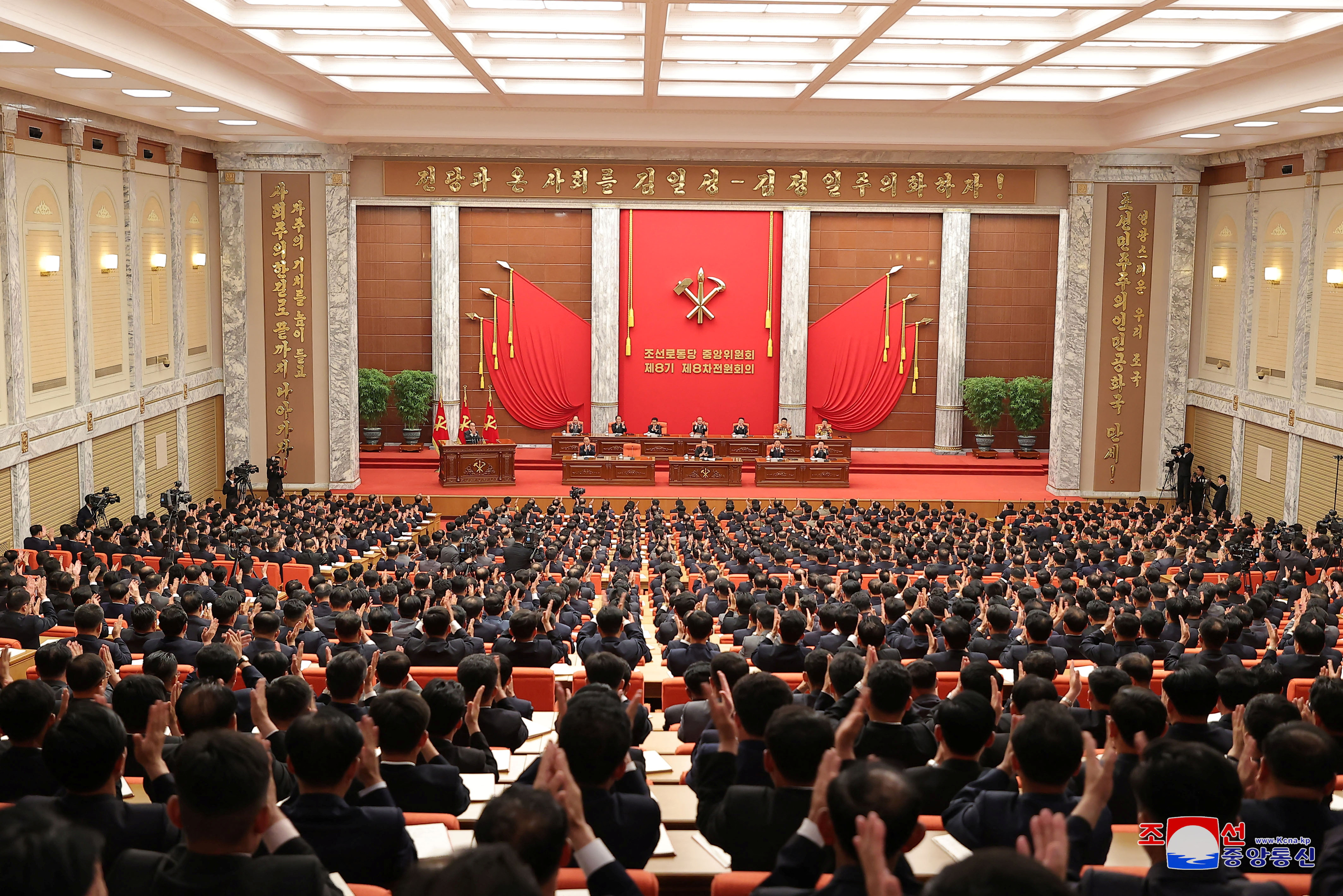 North Korean leader Kim Jong Un attends the 8th enlarged Plenary Meeting of the 8th Central Committee of the Workers' Party of Korea, in Pyongyang, North Korea, in this undated photo released by North Korea's Korean Central News Agency (KCNA) on June 19, 2023. KCNA via REUTERS