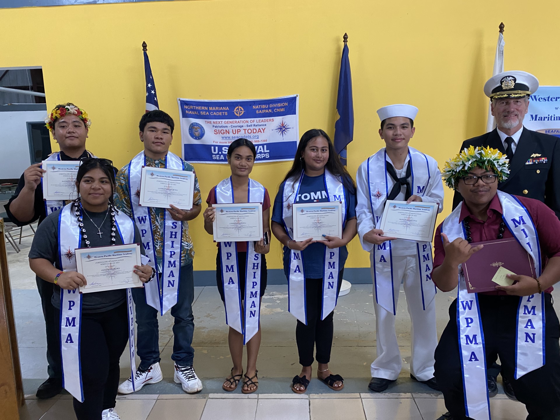 Front row, from left: Leanalyn Reyes and Marvin Reyes Back row: Michael Tomokane, Landon Delos Reyes, Canfrancia Fitial, Anita Perez, Tristan Manglona and Capt. Michael Bacher of the Western Pacific Marine Academy. Not pictured: William Priest, Jonathan Riugnel, and Simkap Wabol.